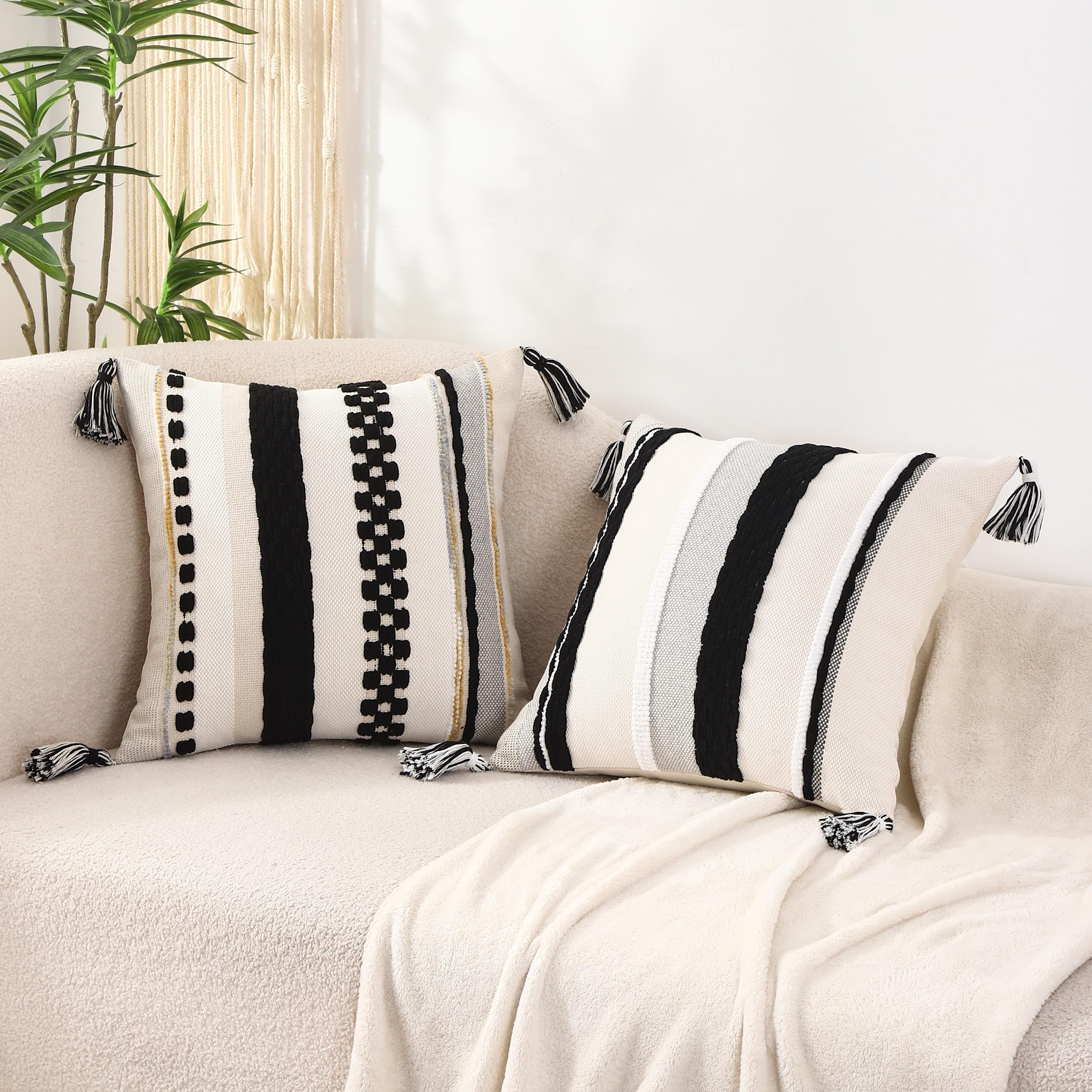 Tosleo Boho Throw Pillow Covers 18x18 Inch Set Of 2 Brown And Orange Striped Chenille Pillowcases With Soft Plush Square Decorative Cushion Covers For Sofa Couch Bed Living Room Farmhouse Decor