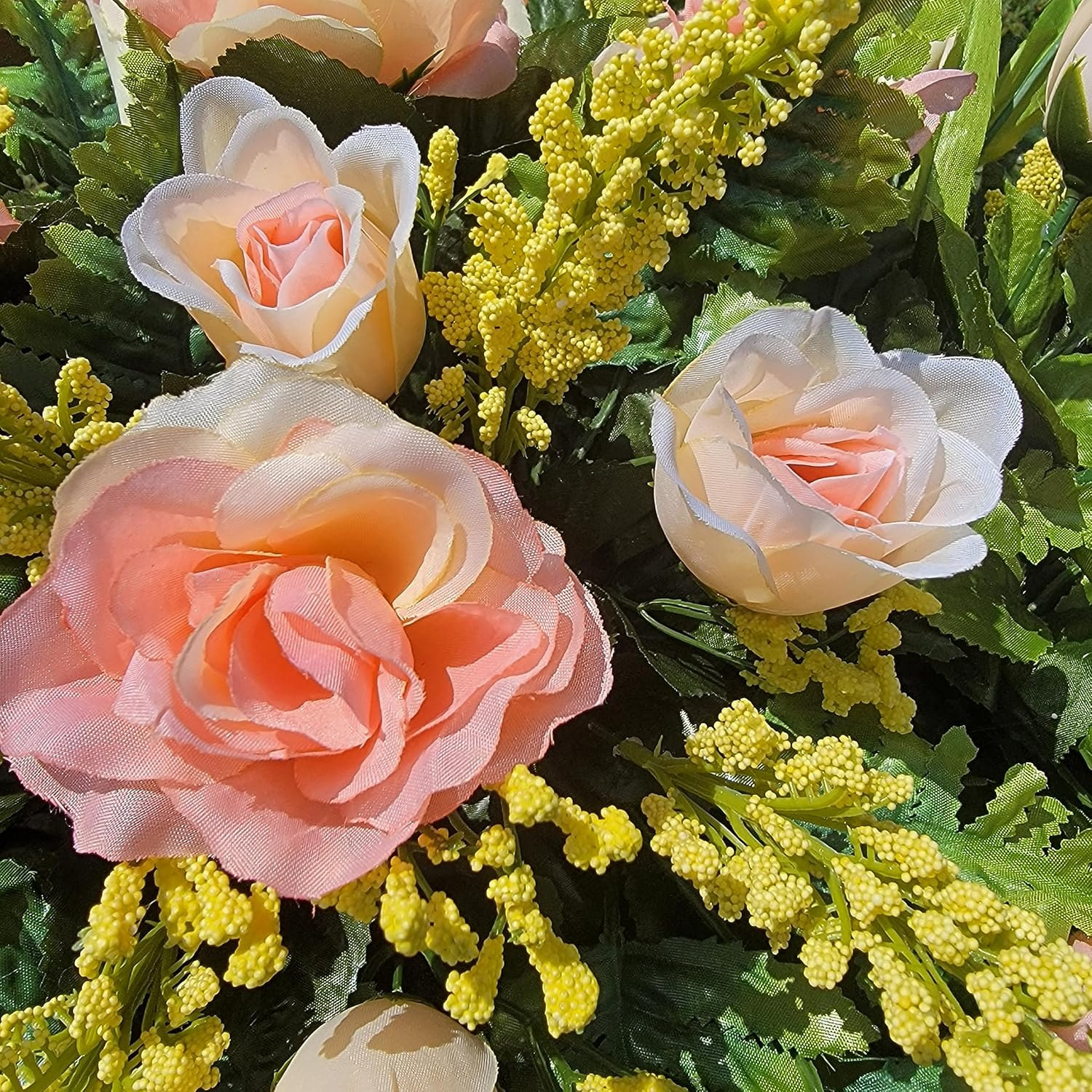 Realistic Artificial Cemetery Flowers - Silk Faux Floral Peach Rose and Calla Lily - Bouquet Pair for Grave - Headstone Saddle - Memorial Flowers