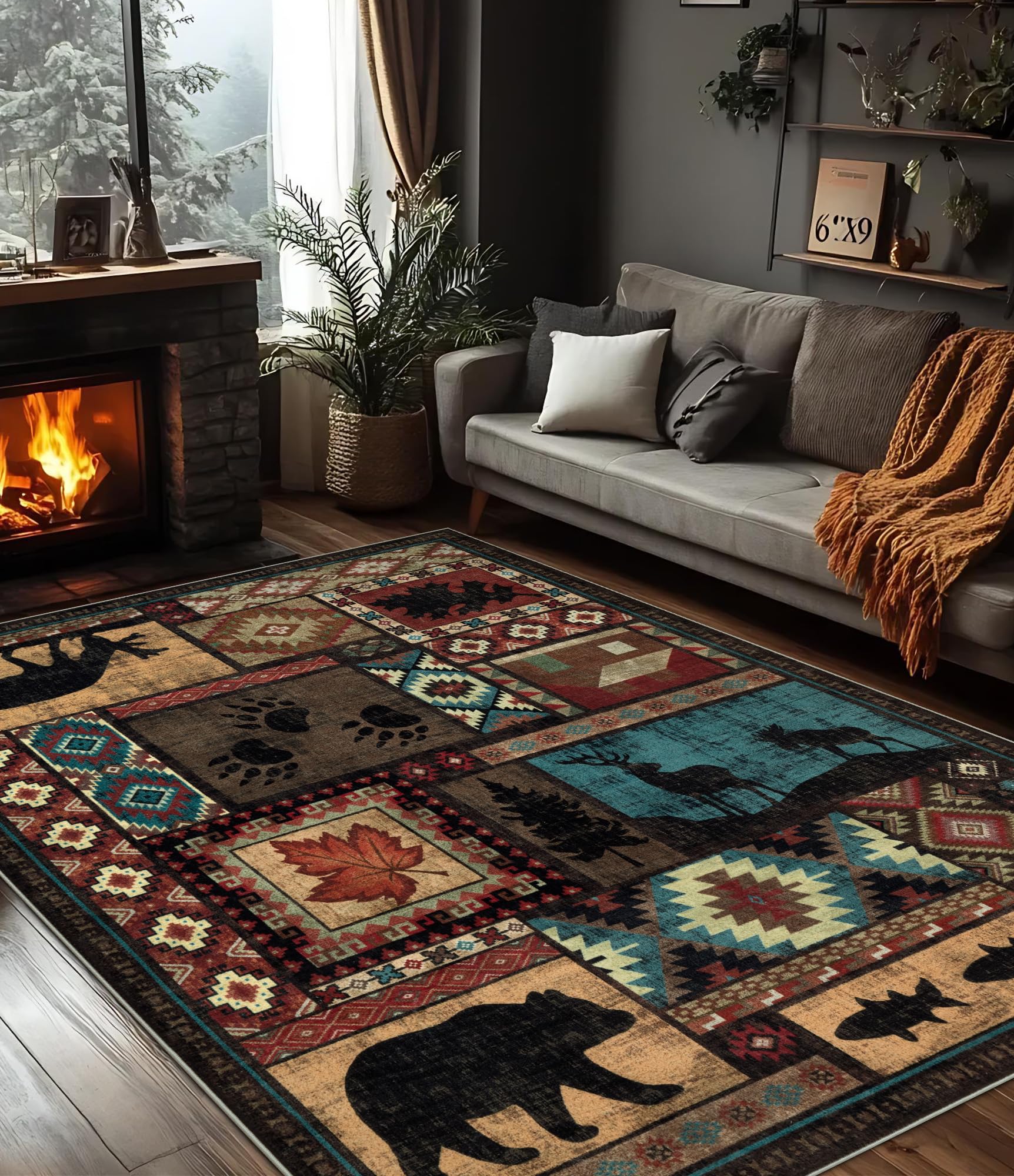YIHOUSE Rustic Cabin Area Rug 5x7 Machine Washable Lodge Bear Rug Non-Slip Low Pile Print Pattern Southwestern Rug