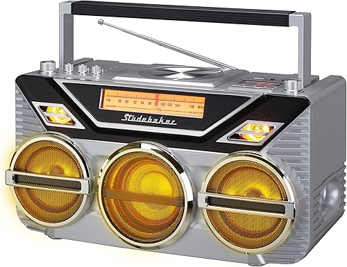 Miniatura 6 de Retro Studebaker Avanti Stereo Boombox con CD, radio estéreo FM, recepción y transmisión Bluetooth, espectáculo de luz LED y subwoofer de 15 W para