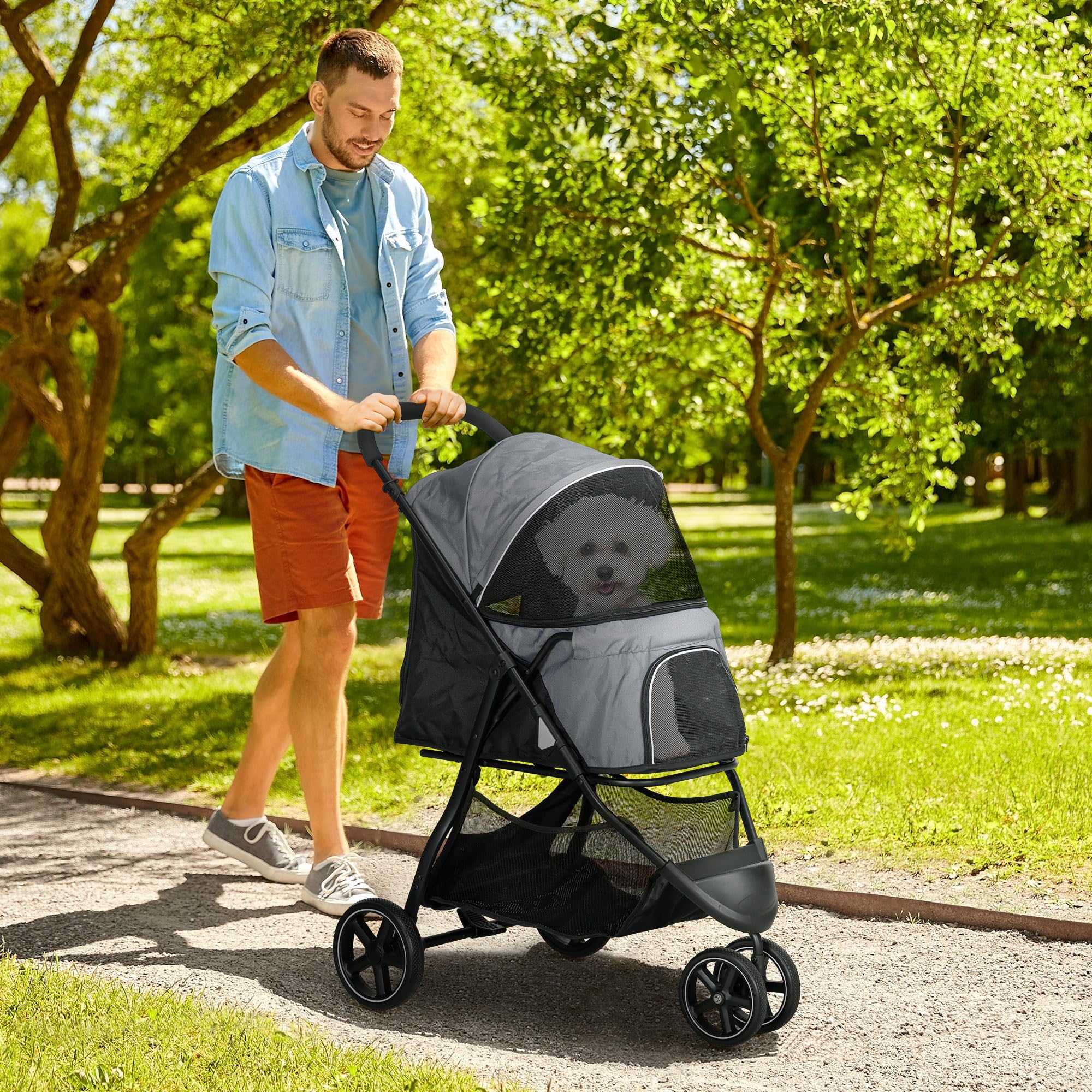 PawHut Poussette buggy pour chien, poussette pour chat animaux de compagnie pliable, 2 laisses, roues EVA, guidon réglable, panier, 83 x 55 x 101 cm, gris