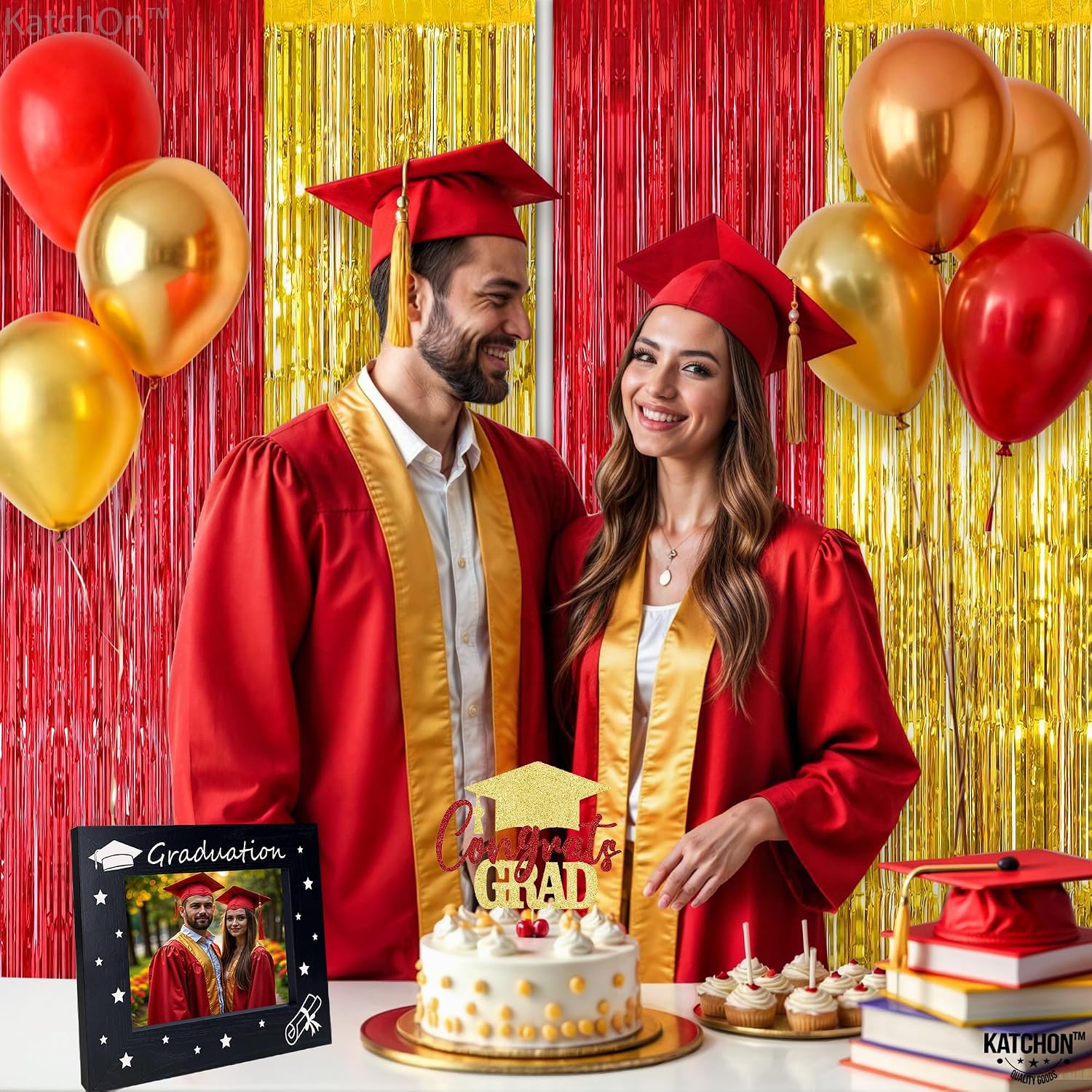 KatchOn, Gold and Red Fringe Backdrop - Xtralarge, Pack of 2 | Foil Fringe Curtain for Nurse Graduation Party Decorations | Prom Decorations 2026 | Red and Gold Graduation Decorations 2026