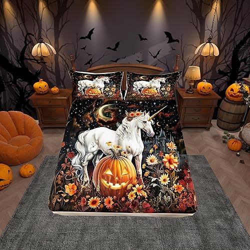 Miniatura 9 de Juego de sábanas de Feliz Halloween, juego de sábanas con estampado de acuarela taro púrpura para niños, ultra suave, calavera, fantasma, juego de