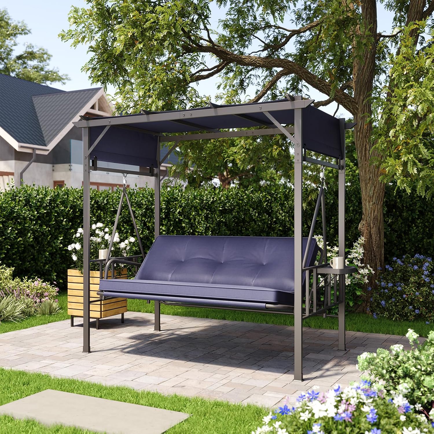 AECOJOY 2-in-1 Convertible Porch Swing Bed 3 Seat, Outdoor Patio Metal Pergola Swing Bench with Hanging Cloud Hammock Chair, Garden Swinging Glider Arbour with Cup Holders (Dark Blue)