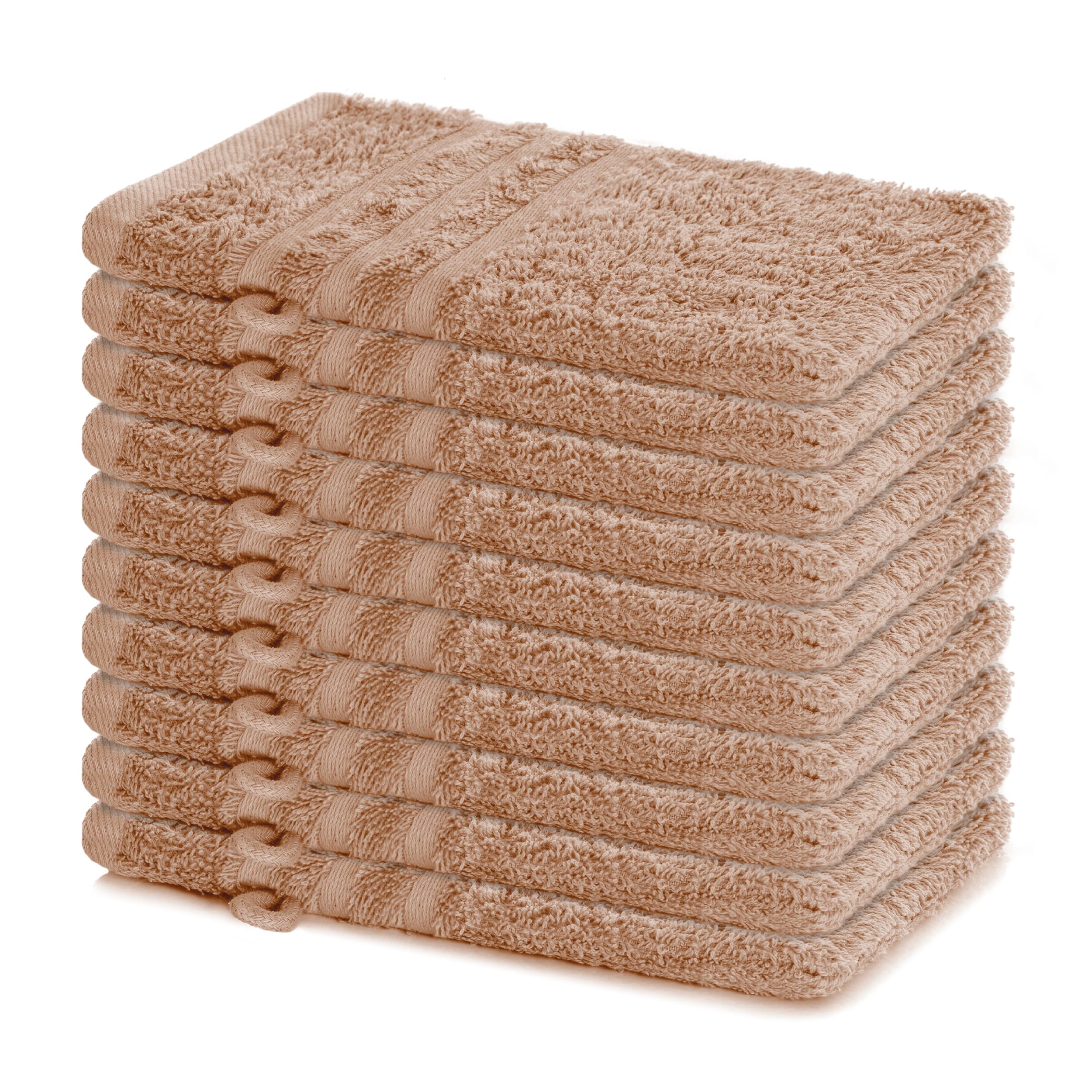 Lavea® 10er Waschhandschuh Set Elena, 10 Stück, 100% Baumwolle, Frottee, Waschlappen, saugstark, weich, für Körper und Gesicht, waschbar 60 °C, trocknergeeignet, Cappuccino, 15 x 21 cm