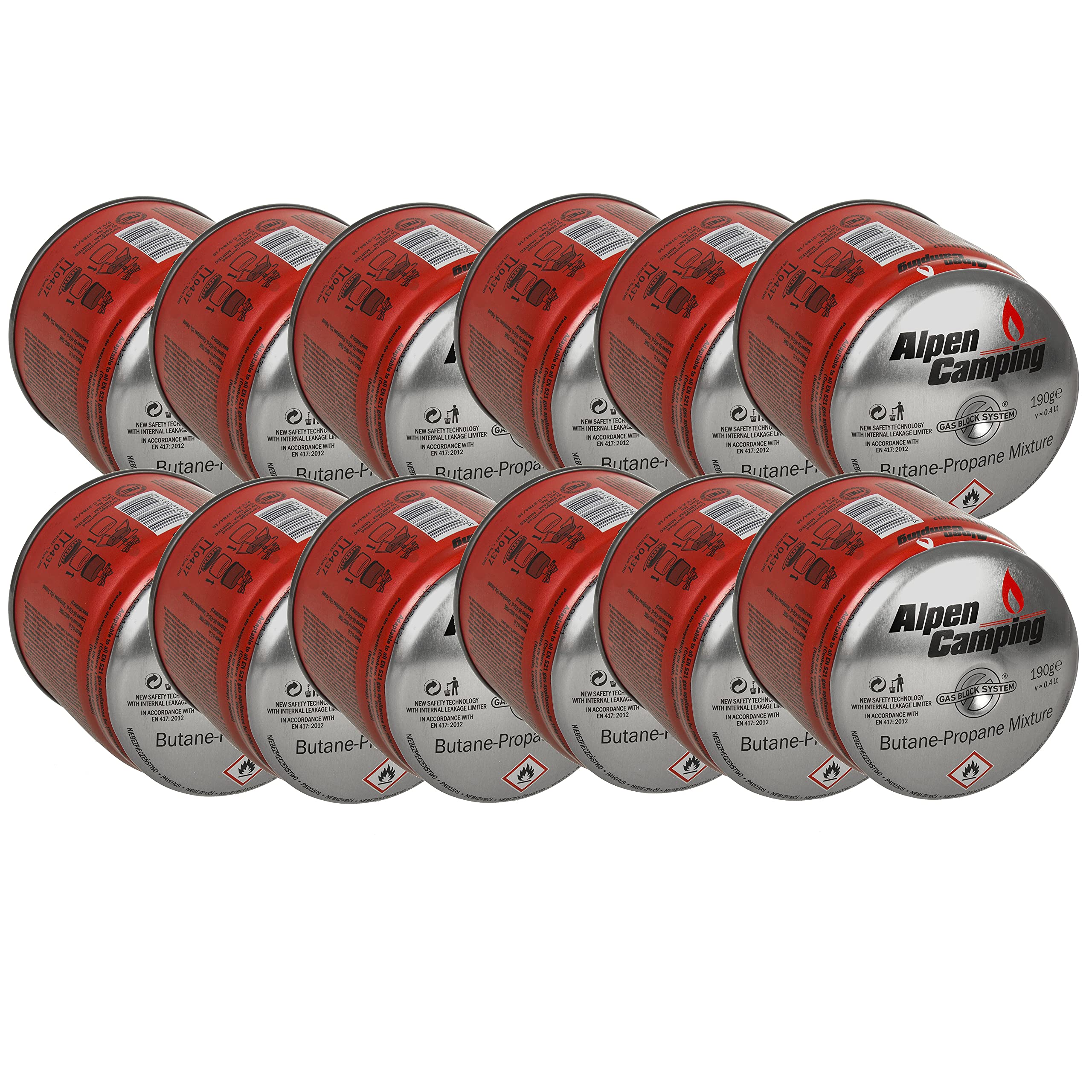 Alpen Camping IK006 12 x 400 ml / 190 g kartusze gazowe propan-butan wkład do kuchenki gazowej kuchenki kempingowej palnik Bunsena palnik lutowniczy EN417 System bloków gazowych (12)