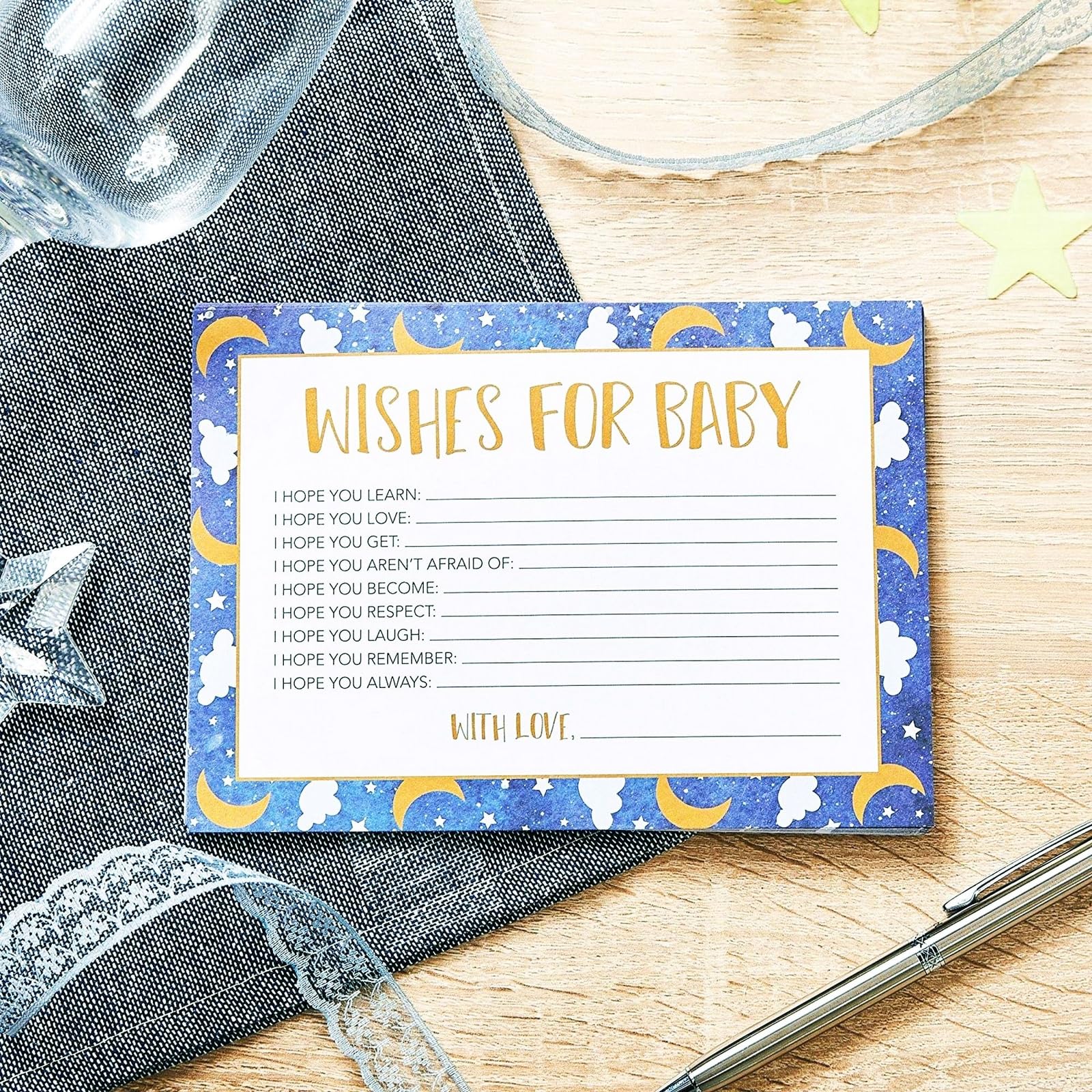 Carte Da Gioco Baby Shower 3 In 1: Previsioni, Auguri E Consigli Con Tema Luna Blu E Stella - 30 Pezzi - 3