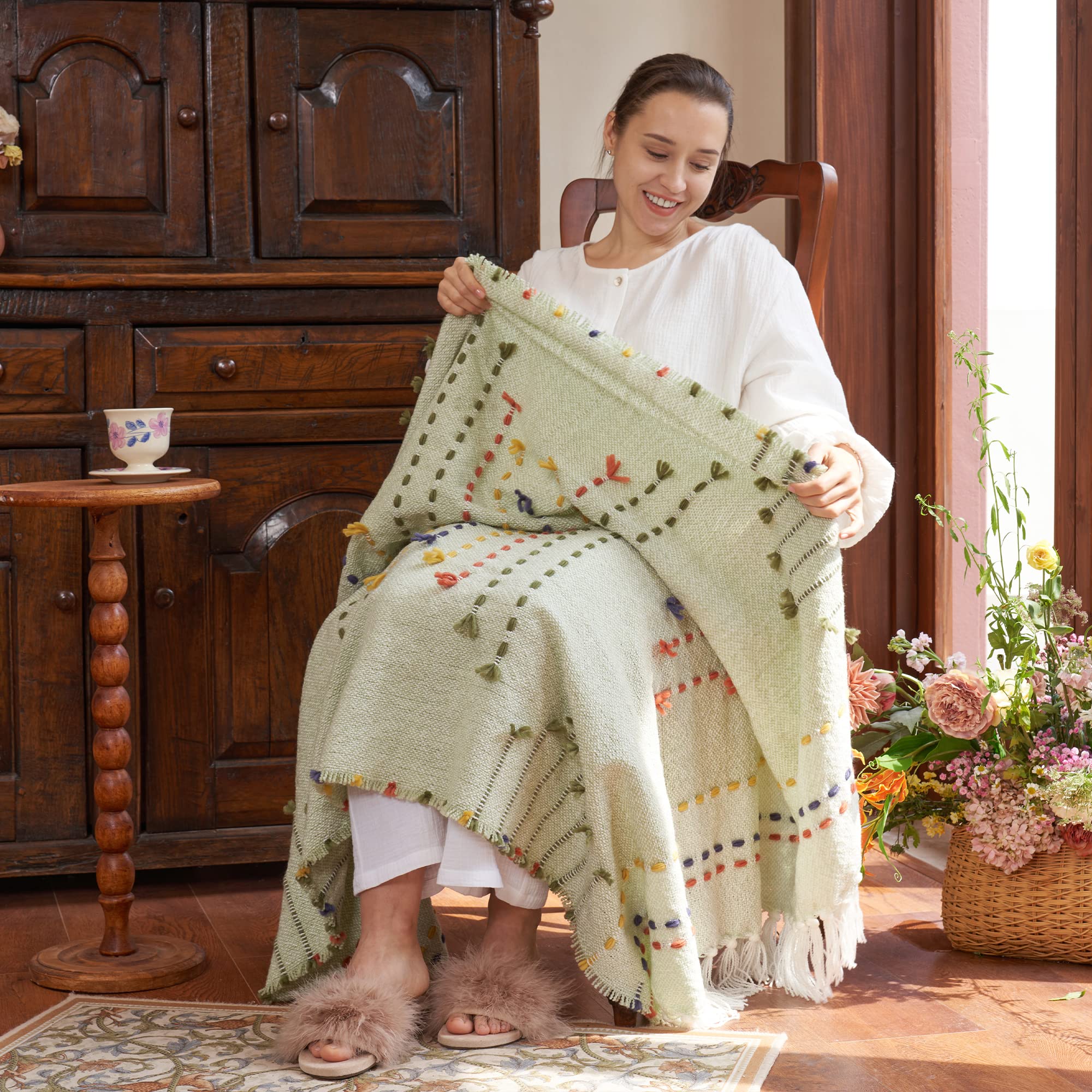 AmÃ©lie Home Boho Throw Blanket, Bohemian Handmade Colorful Striped Blanket with Tassels Decorative Woven Textured, Soft Cozy Lightweight Blanket for Couch Bed Outdoor in Fall Summer, 50x60