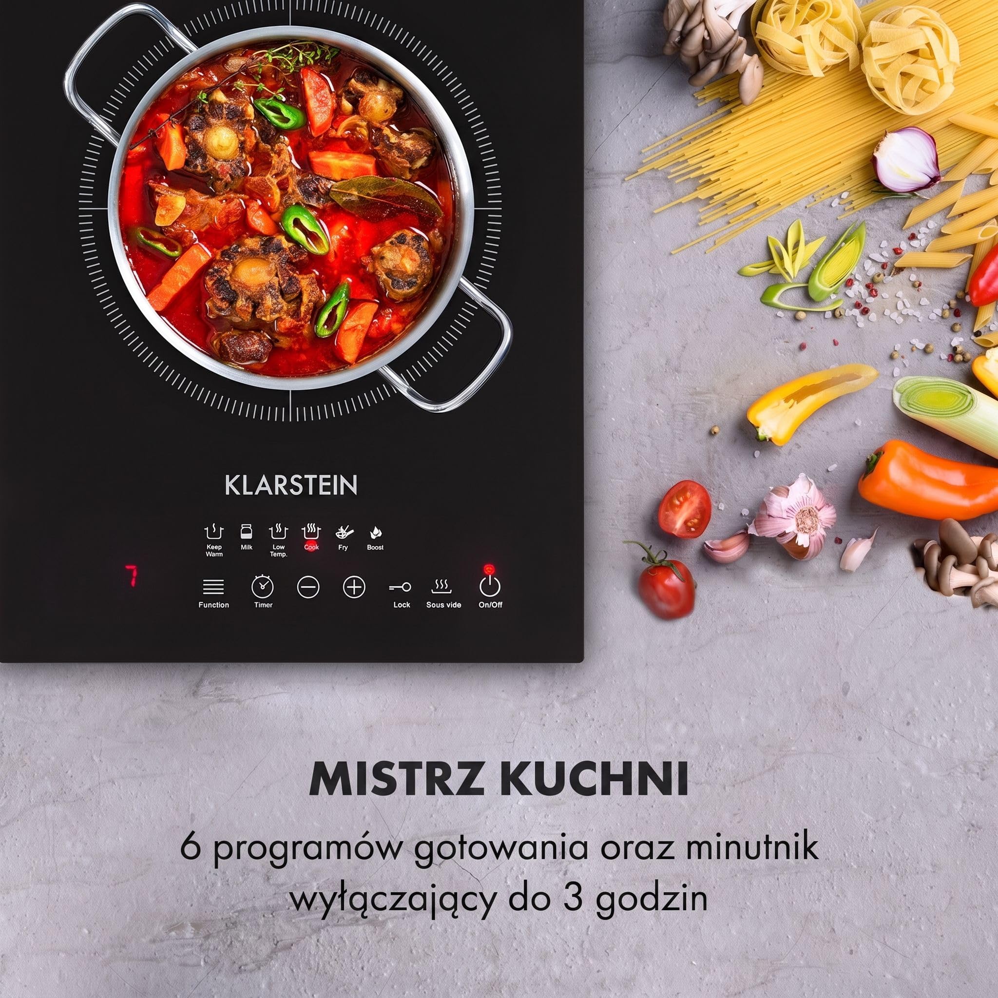 Klarstein Cook n Roll Plaque de cuisson à induction avec thermomètre Noir 2000 W Ø 26 cm 10 niveaux de température 6 programmes, fonction SousVide, HeatControl