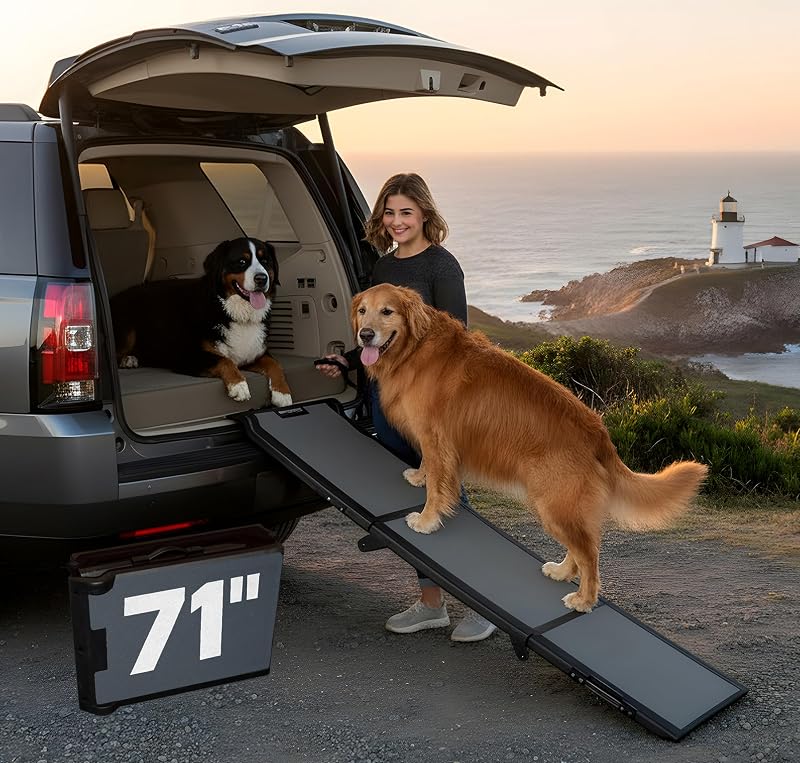 Rampa portátil triple para mascotas para perros/gatos, 71" de largo, titanio | extra ancha, soporta hasta 200 libras, plegado compacto/fácil con correa de seguridad