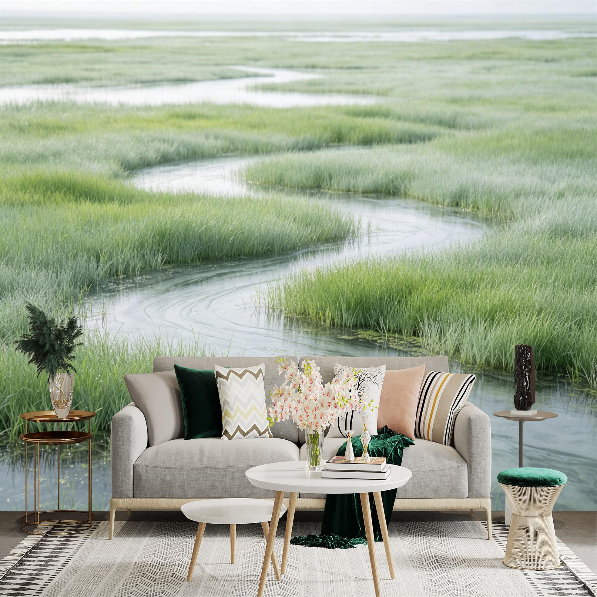 Lnzczhyre Dbh260521497 Custom Size Wall Sticker Mural， Serene Green Marshland， Winding River Landscape， Peaceful Nature Scenery， For Wall Decoration， Peelandstick Wall Decals.