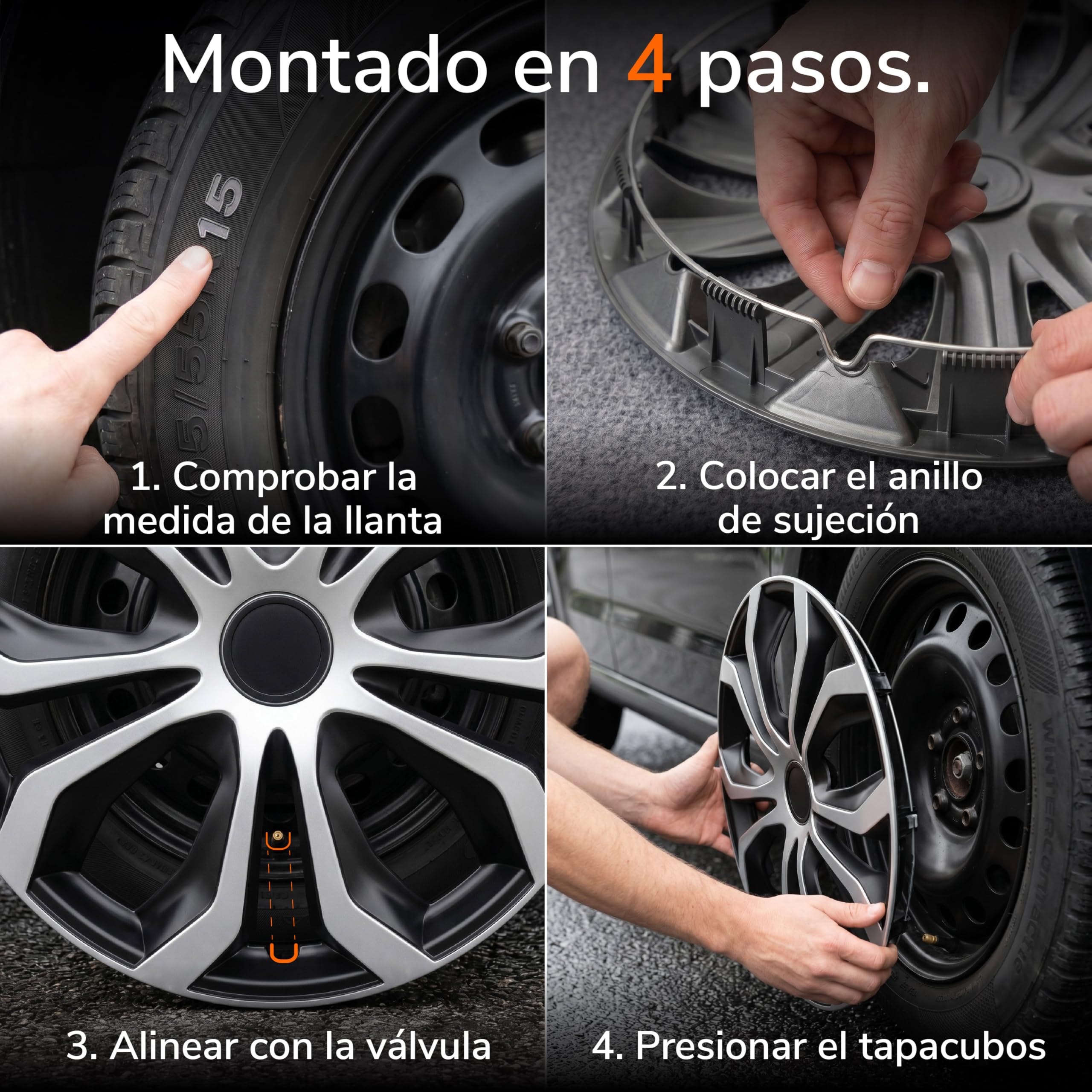 Upgrade4cars Tapacubos 15 Pulgadas Negro Plata Set de 4 | Embellecedores de Rueda Universales para Llantas de Acero | Plastico ABS Robusto | Tapa Rueda Coche R15