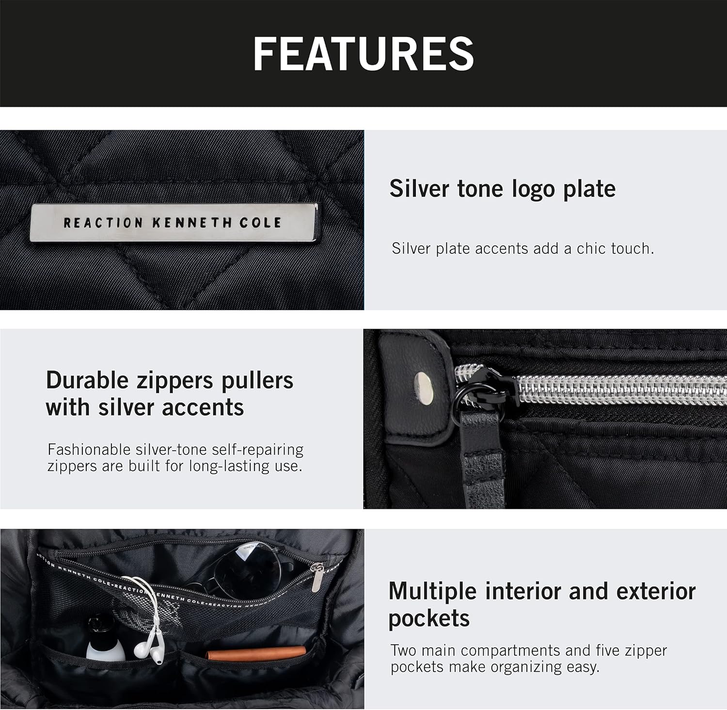 Kenneth Cole REACTION Emma Women's Backpack 15" Laptop Bag for Work, High School, College, Travel, Black Diamond - Image 4