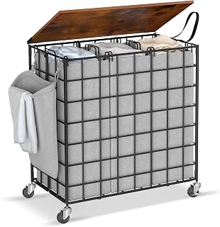 Laundry Basket with Wheels, Heavy Duty Laundry Sorter 3 Sections, 140L (37Gal.) Large Capacity Laundry Hamper with Wood Lid, 360 Rolling Wheels, Extra Side Pocket, Leather Pull Handle,Grey