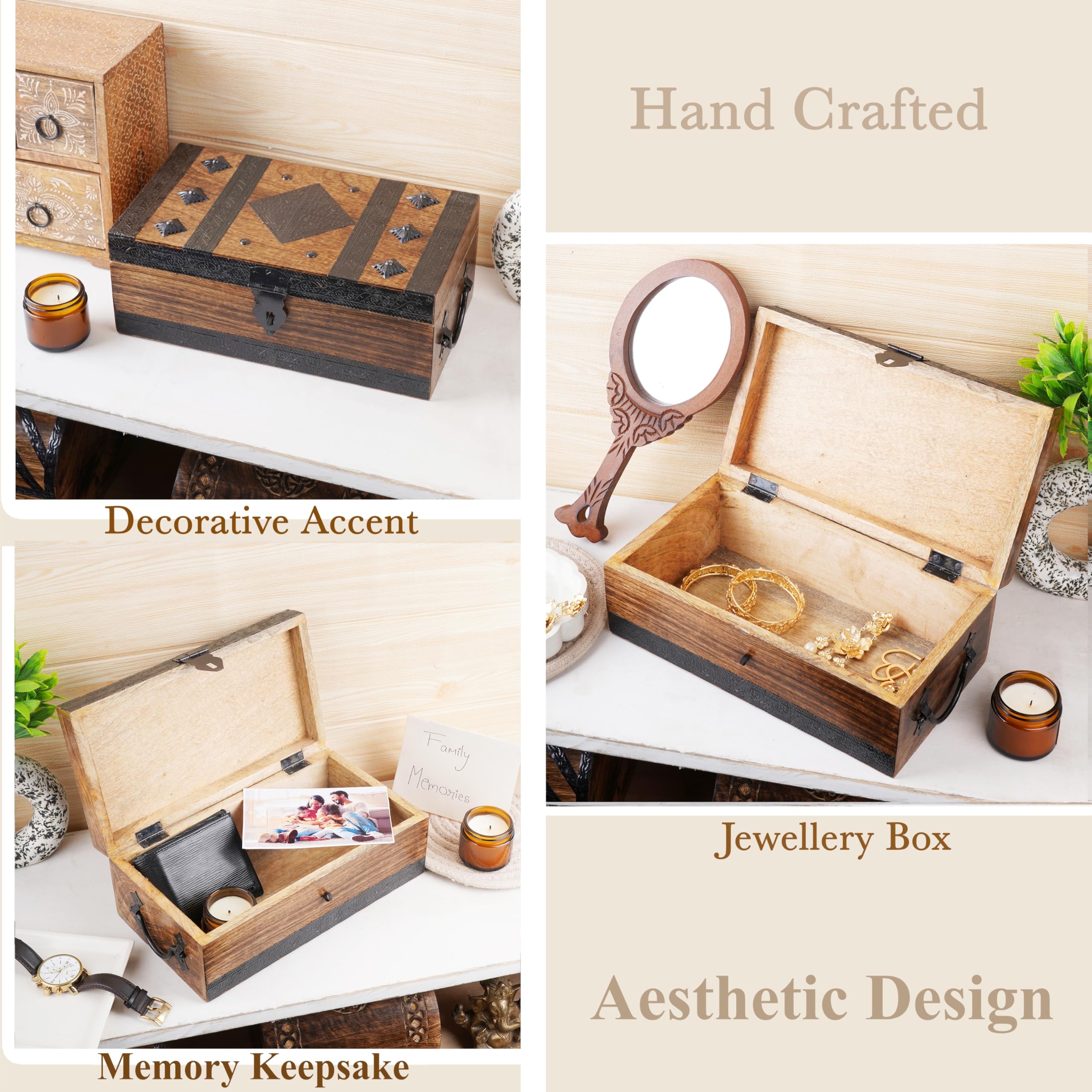 Ajuny Cofre del Tesoro Decorativo de Madera Hecho a mano de Caja de Almacenamiento de Joyas con Diseño de Tiras de Concha Soporte Multiusos para Recuerdos de Viaje Regalos - 11 x 6 pulgadas | Caja de almacenamiento decorativa para joyas, multiusos, recuer