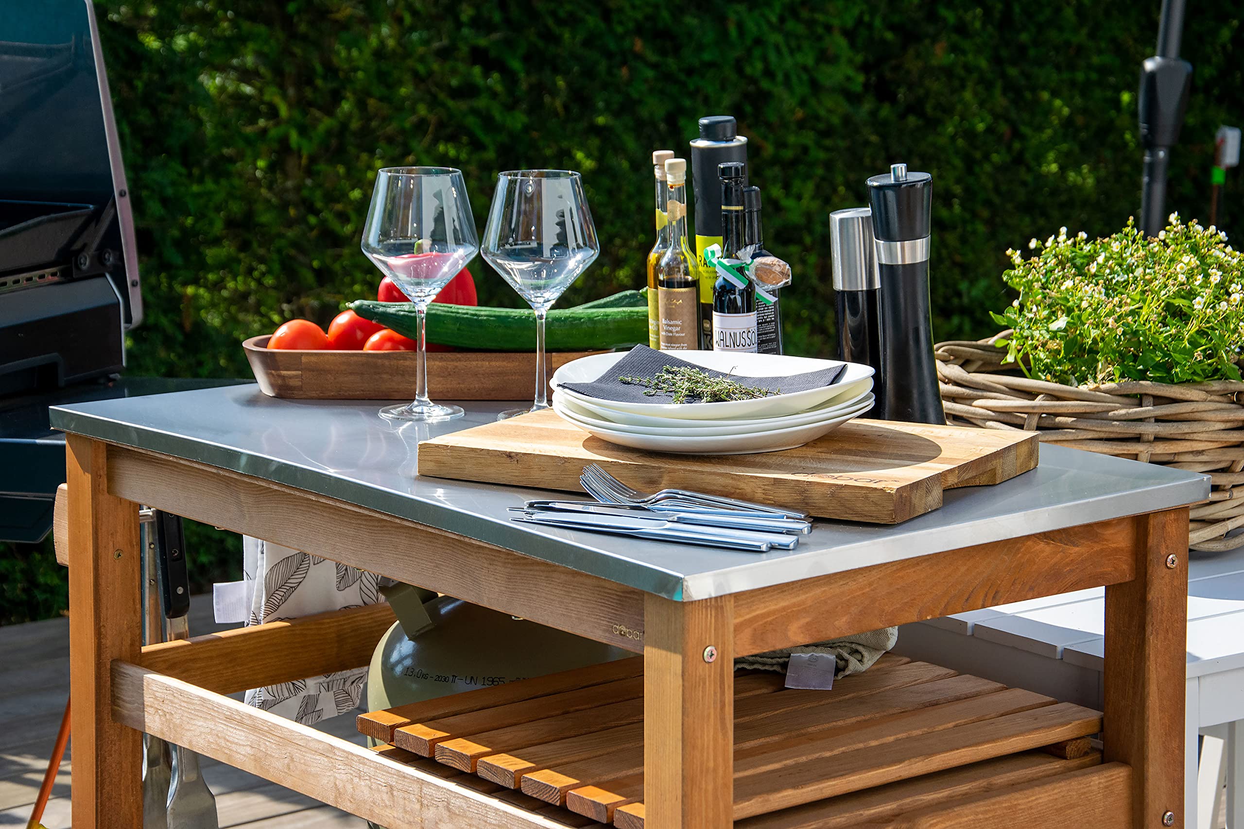 dobar® 35540FSCe Tavolo multifunzione con carrello arrotolabile legno massiccio piastra acciaio inox 94x58x90 cm Marrone