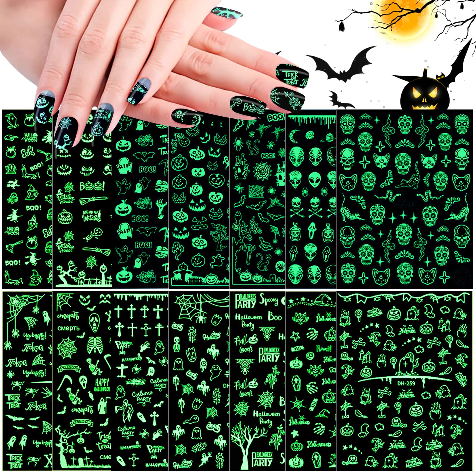 14 Sheets Halloween Nail Art Stickers, Wsimily Luminous Halloween Self Adhesive Glow in The Dark Nail Stickers Decals Halloween Pumpkin Ghost Spider Bat Nail Design for Women Girls Nail Decoration-image-21