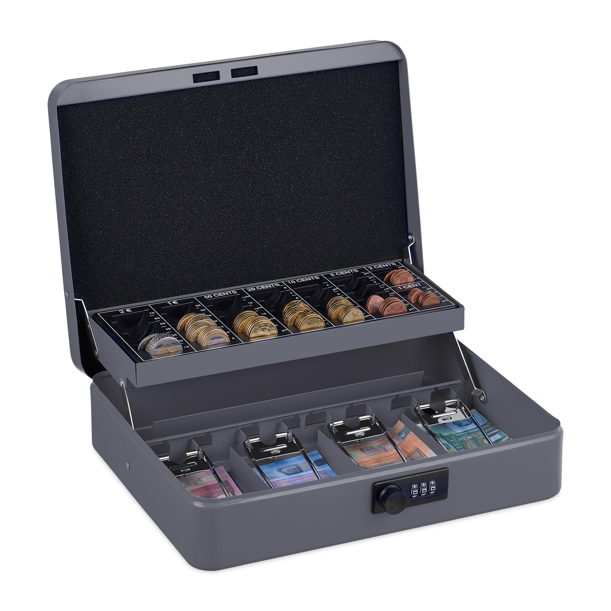 Relaxdays Caisse à Monnaie, Pratique, Combinaison à 3 Chiffres, en Fer, H x L x P : 8,​5 x 30,​5 x 25 cm, Grise