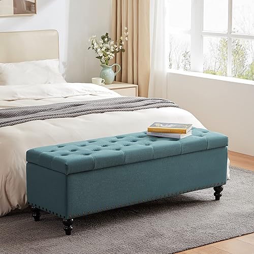 HUIMO Otomana con almacenamiento, banco otomano de almacenamiento de 51 pulgadas con botones, bisagra de seguridad para dormitorio en telas
