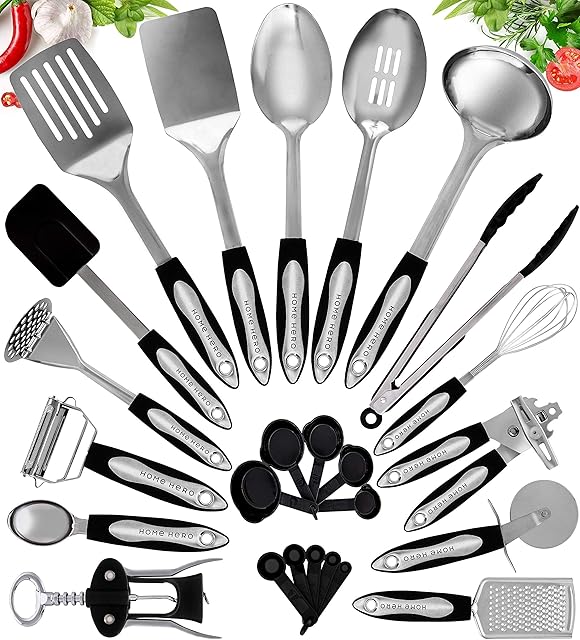 25 pcs Kitchen Utensils Stainless Steel - Non-Stick Kitchen Utensils Set - Stainless Steel and Silicone Cooking Utensils Set - Kitchen Tools Gadgets Accessories Spoons Turners Spatula Ladle Set