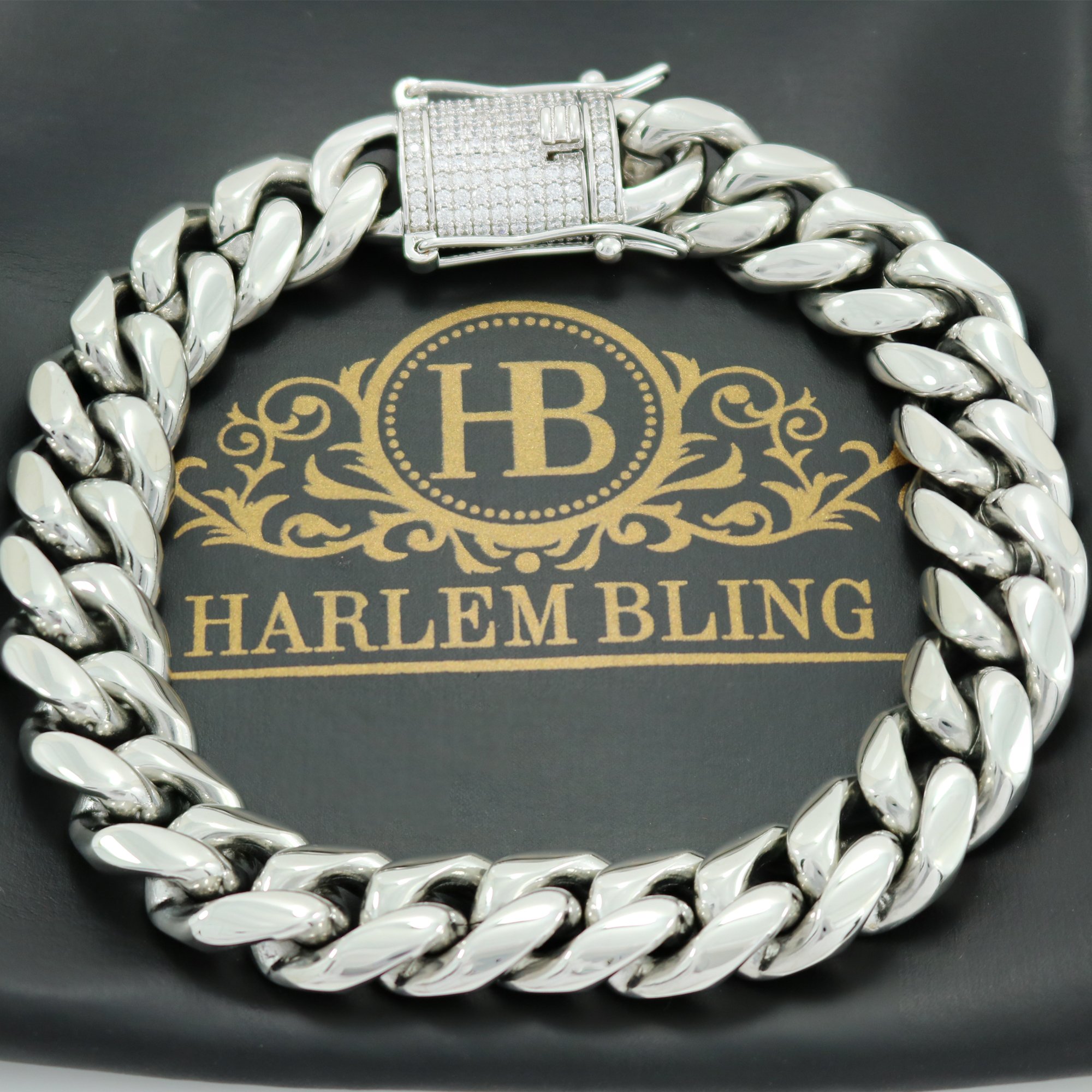 Pulsera de eslabones cubanos de 12 mm, acero inoxidable chapado en oro blanco de 14 quilates, plata 925, cierre de diamante de laboratorio de 1 quilate