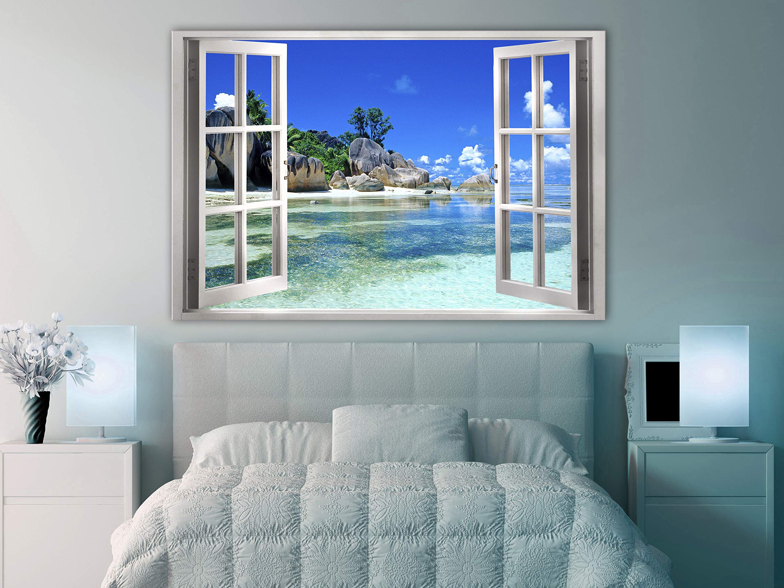 murando Cuadro Acústico Vista de la Ventana 120x80 cm espuma acústica | absorbe el sonido aislamiento lienzo de 1 pieza Impresión Artística Decoración de Pared Playa Mar Insel Naturaleza