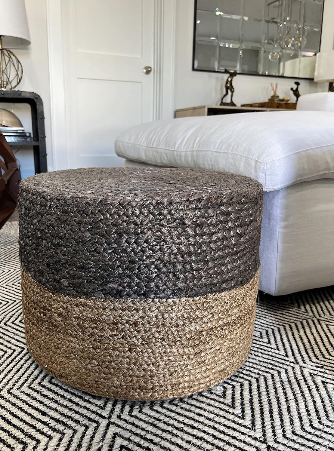 S & L Homes Pouf Ottoman - 100% Jute Braided Footrest Pouf Hand Knitted Traditional Cord Boho Pouffe for Living Room, Bedroom, Nursery, Patio, Lounge Colorblock - Natural Brown (18”x18”x12”)