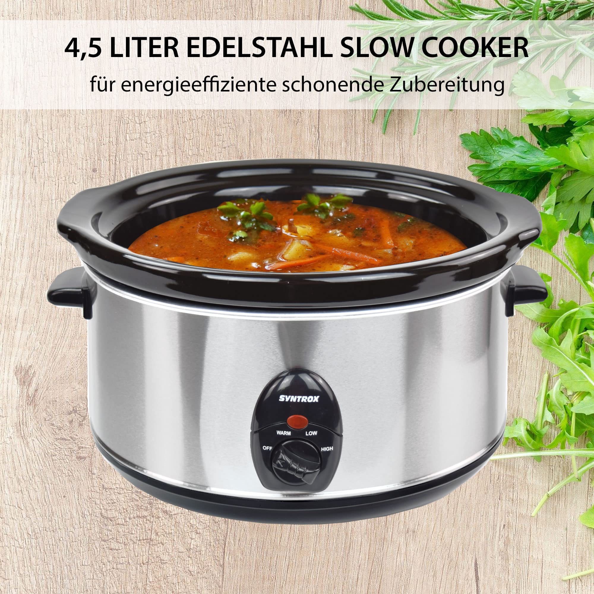 Syntrox Germany Slow Chef SC-450M_Deli Cooker Schongarer 4,5 Liter mit Warmhaltefunktion, Glasdeckel und robuster Keramikschüssel 280 Watt, Edelstahl