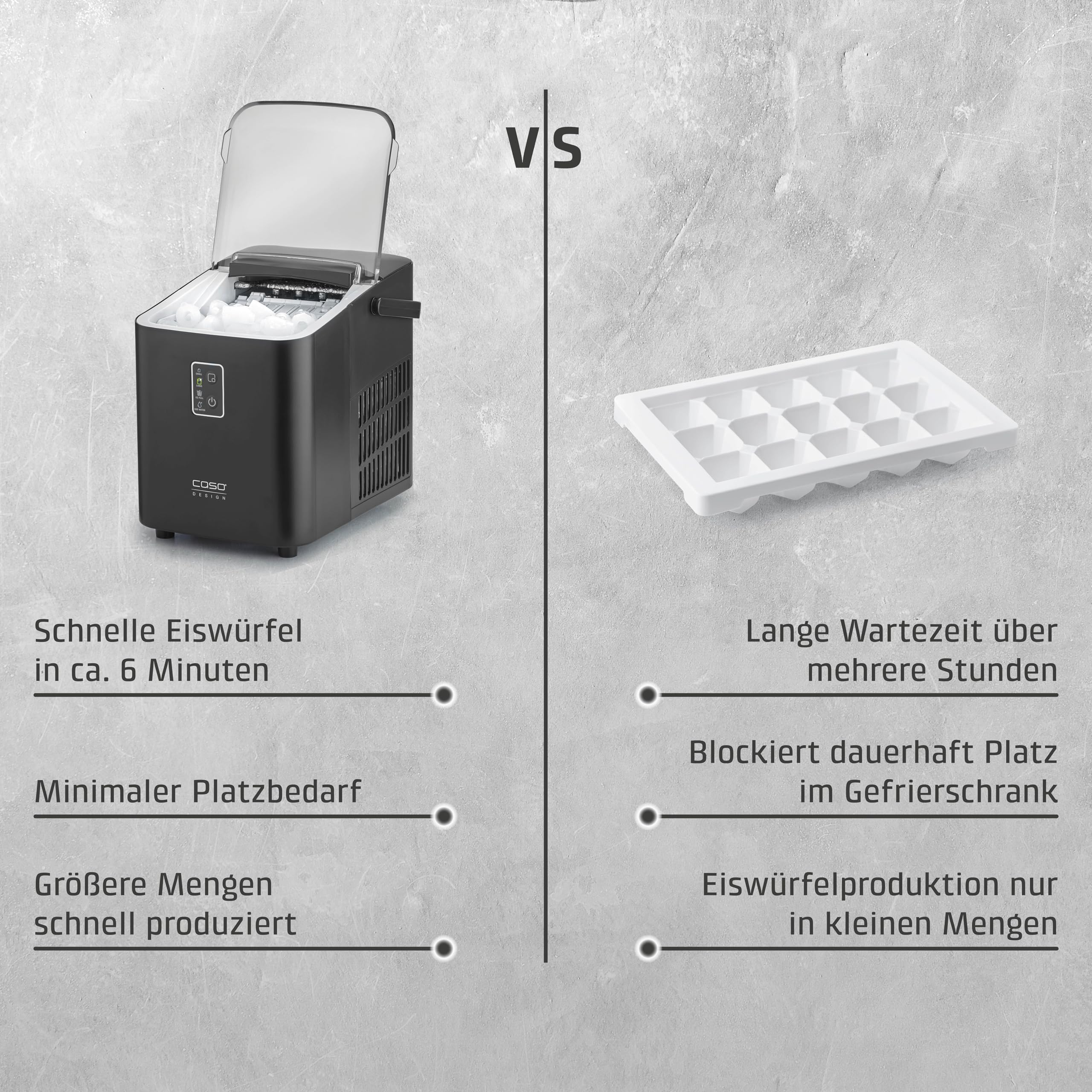 Caso IceChef Compact- Eiswürfelmaschine, schnelle Eiswürfel, Produziert 500g in 1h bzw. 12 kg in 24 h, 1 l Wassertank, Selbstreinigungsfunktion, Eiswürfelbereiter mit Tragegriff, inkl. Eisschaufel