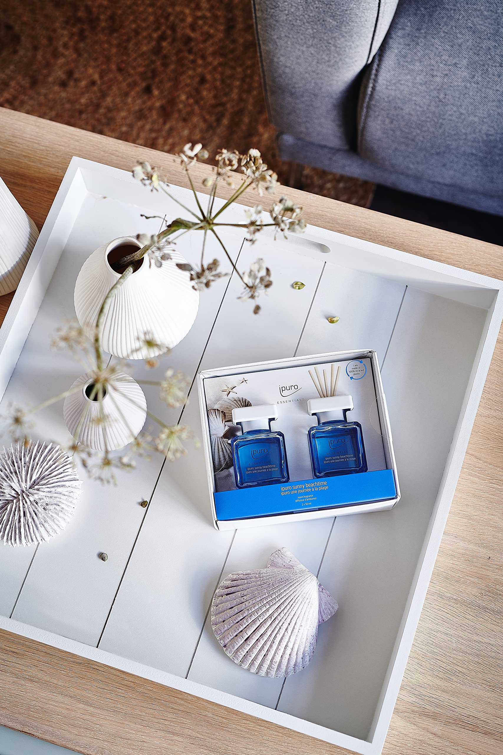ipuro - Essentials Raumduft SUNNY BEACHTIME 2x50ml | Raumerfrischer mit Grapefruit, Zitrone & weißem Moschus Duft Aroma | Diffuser mit Stäbchen | Lufterfrischer für die Wohnung