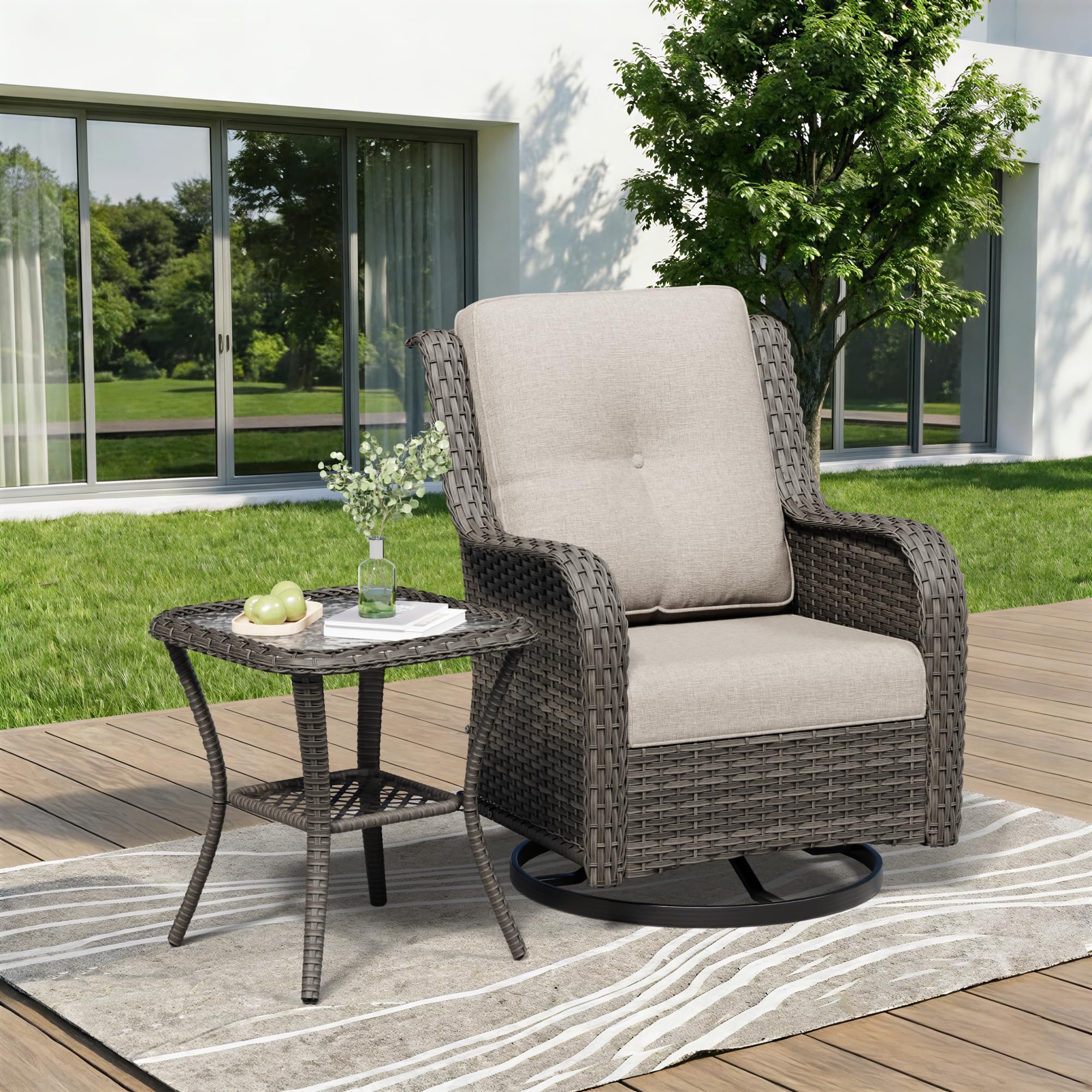 2 Pieces Outdoor Swivel Rocker Patio Chairs Set - Outdoor Wicker Patio Furniture Sets with 1 Side Table, Olefin Fabric Cushions Suitable for Backyard Deck and Porch, Beige