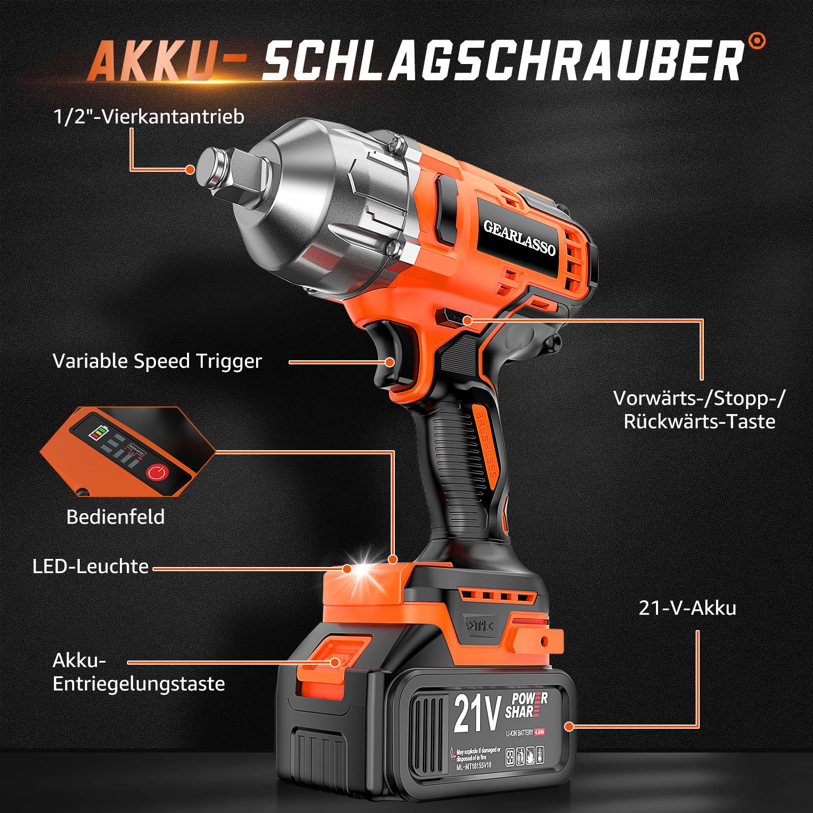 1300 Nm Akku-Schlagschrauber, 1/2 Zoll, 21V bürstenloser Schlagschrauber mit hohem Drehmoment, mit 2 x 4,0 Ah Akkus, 6 Steckdosen,für Radmuttern von Auto, Wohnmobil, LKW