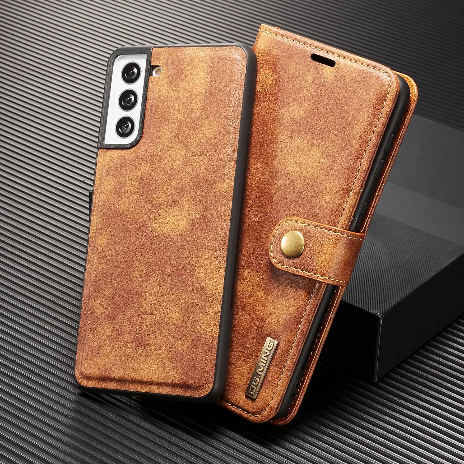 Detachable 2 in 1 Split Magnetic Flip Folio Wallet Case Compatible with Samsung Galaxy S21 FE Genuine Leather Phone Case with Card Holder Slots Kickstand Shockproof Cover(Brown)