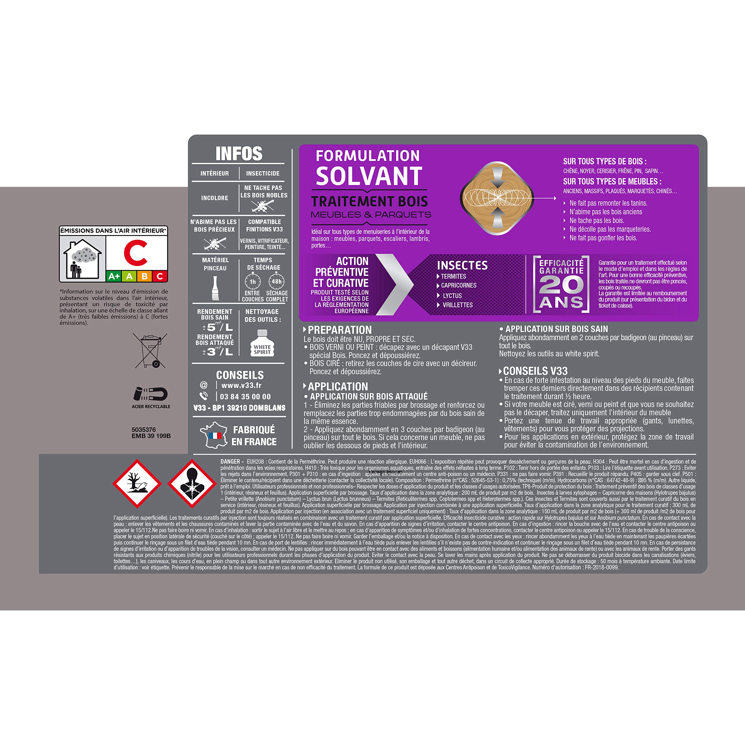 V33 Traitement bois meubles & parquets, Incolore 5L