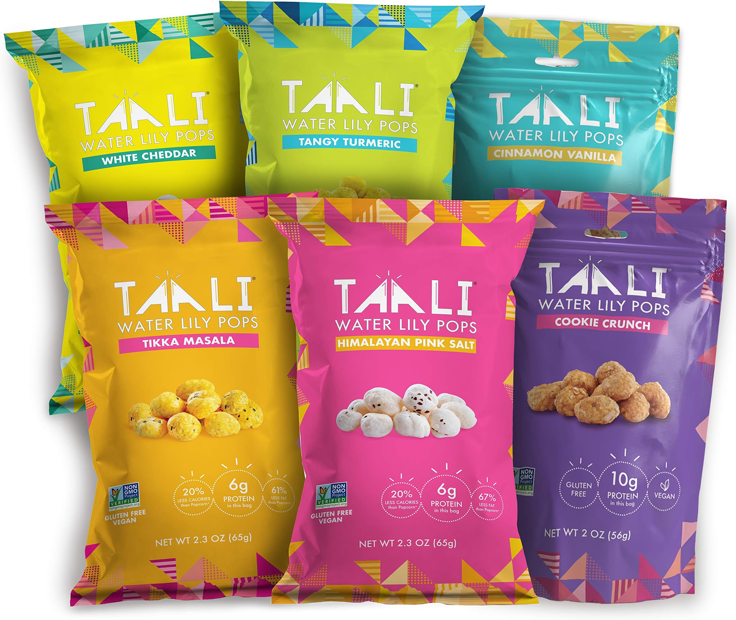 Taali Sweet & Savory Variety Water Lily Pops (6-Pack) - Roasted Fox Nuts Makhana Snack | Crunchy Indian Healthy Snacks | Protein-rich, Gluten Free, Non GMO | 2 oz/2.3 oz Multi-Serve Bags