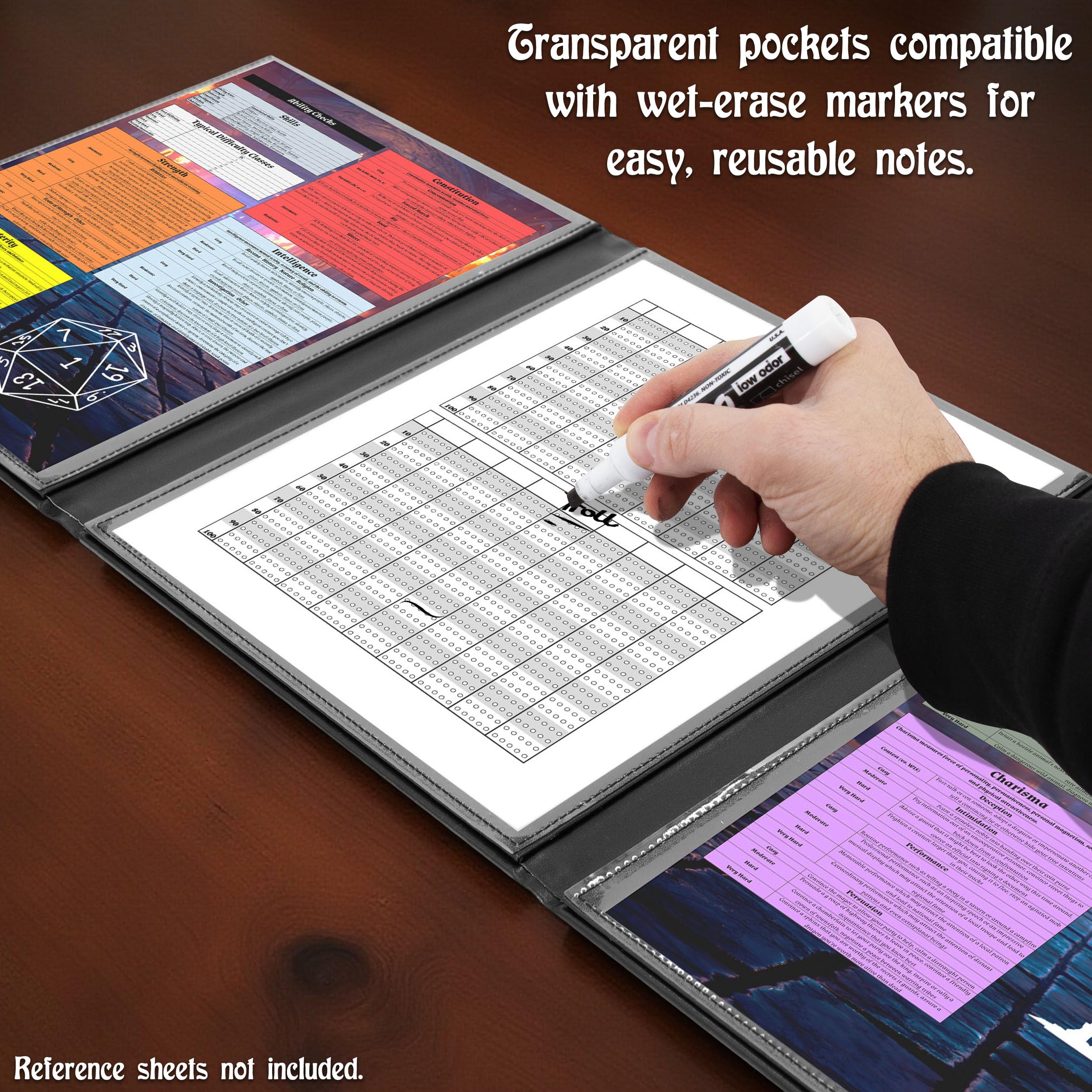 CASEMATIX Écran DM compact – Écran Dungeon Master à 3 panneaux avec poches transparentes, écran GM en cuir PU, compatible avec effacement humide, format de voyage pour campagnes RPG portables