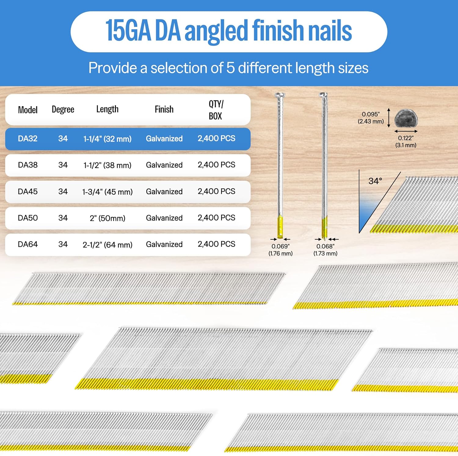 meite 1-1/4 Inch DA Nails, 15 Gauge 34-Degree Angled Finish Nails in Galvanzied-Perfect for Moldings Trimming Works and DIY Projects (2,400 Counts)