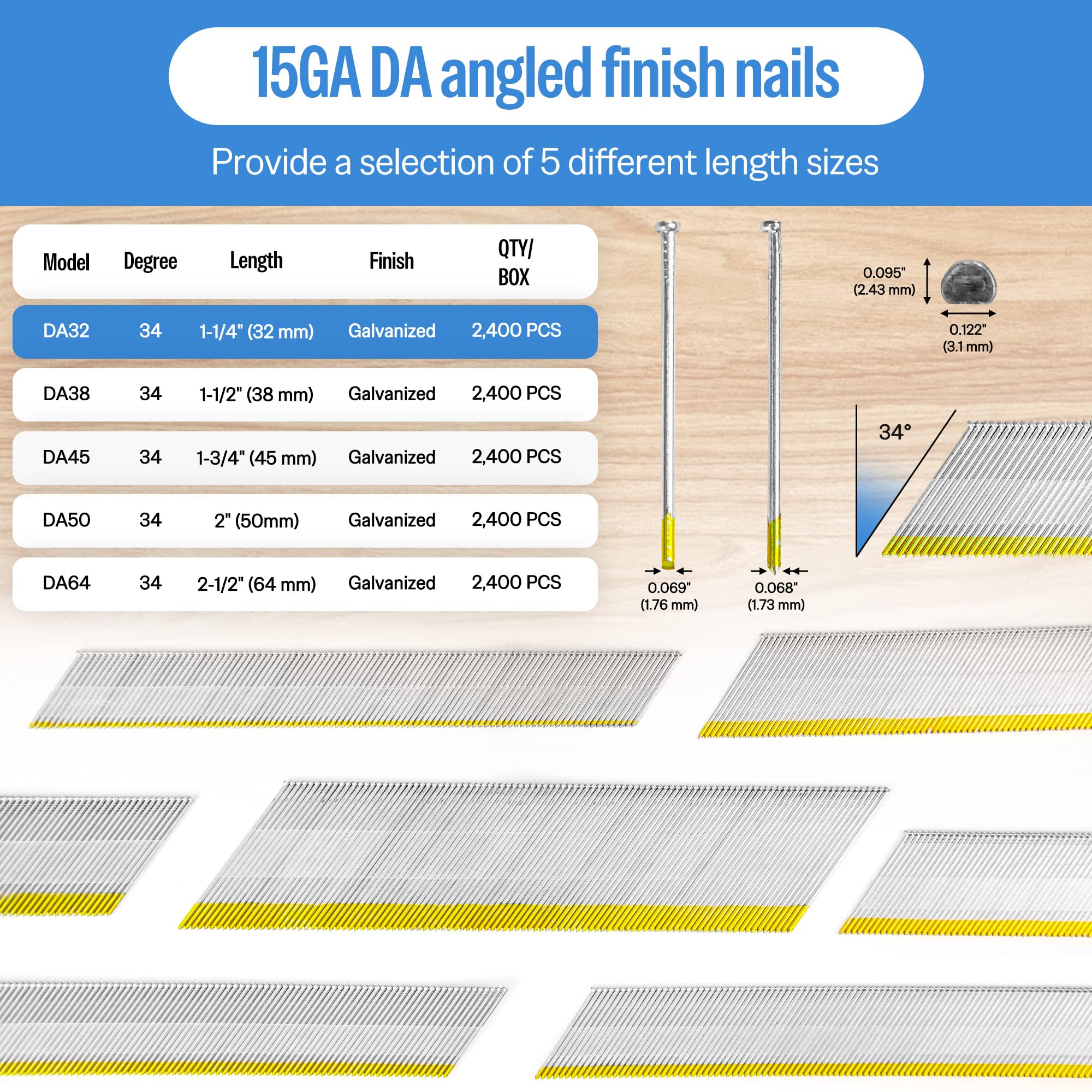 meite Type 15G / 32 mm Angled Finish Nails, 15 Gauge 34 Degree Galvanised D Head Angled Finishing Nails for Nail Guns - Image 2