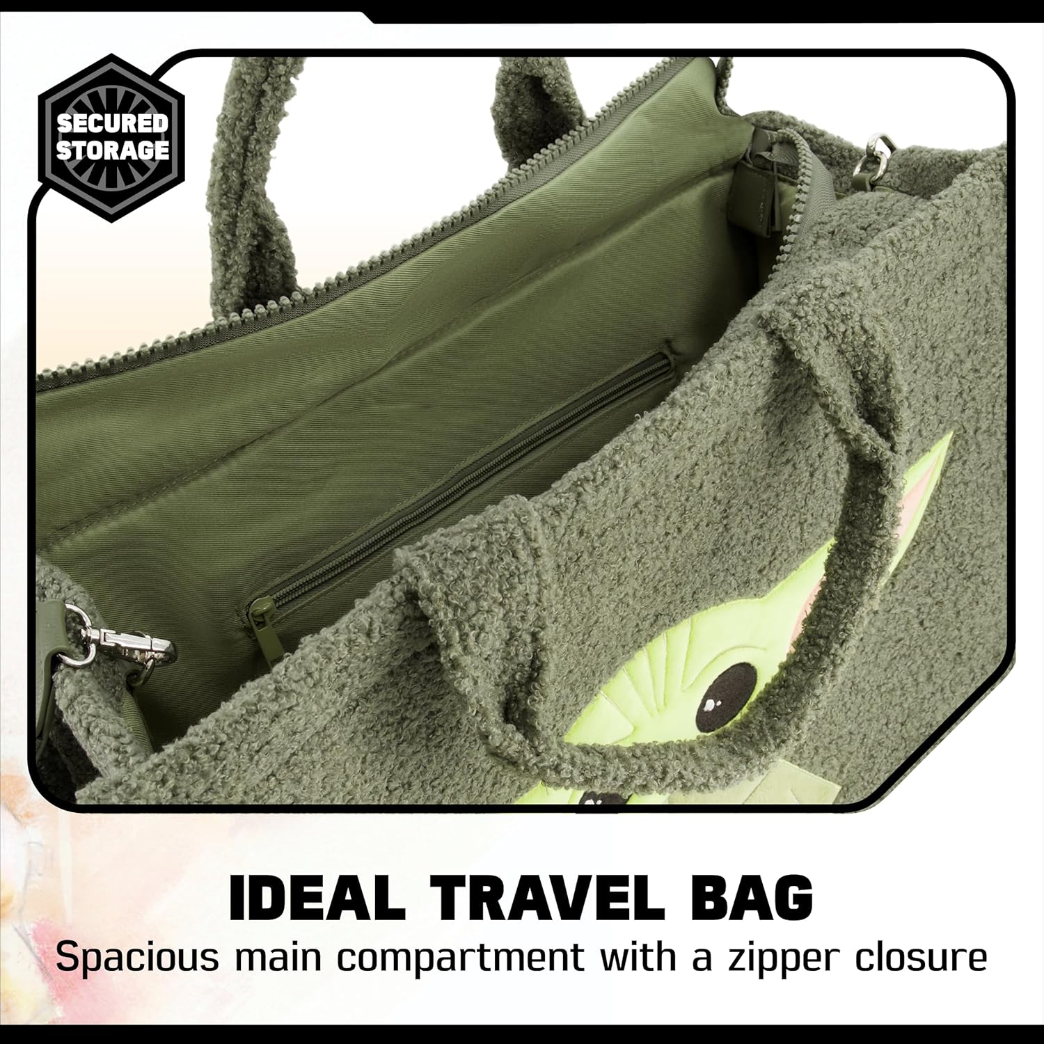 STAR WARS Tote Bag, Grogu Faux Fur Travel Handbag with Adjustable Shoulder Strap and Trolley Sleeve, Multi