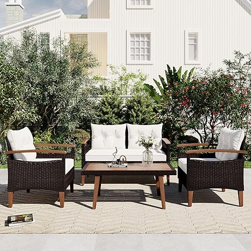 Harper & Bright Designs 4-Piece Outdoor Sofa Garden Furniture, Patio Seating Set, PE Rattan Outdoor Sofa Set, Wood Table and Legs, Brown and Beige