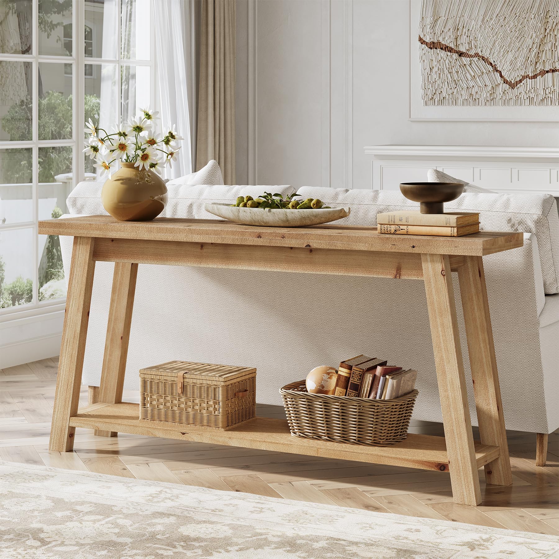 Consola de madera maciza 180 cm, 2 niveles, mesa de sofá estrecha estilo granja para entrada, sala de estar, dormitorio, detrás del sofá, color madera natural, montaje fácil