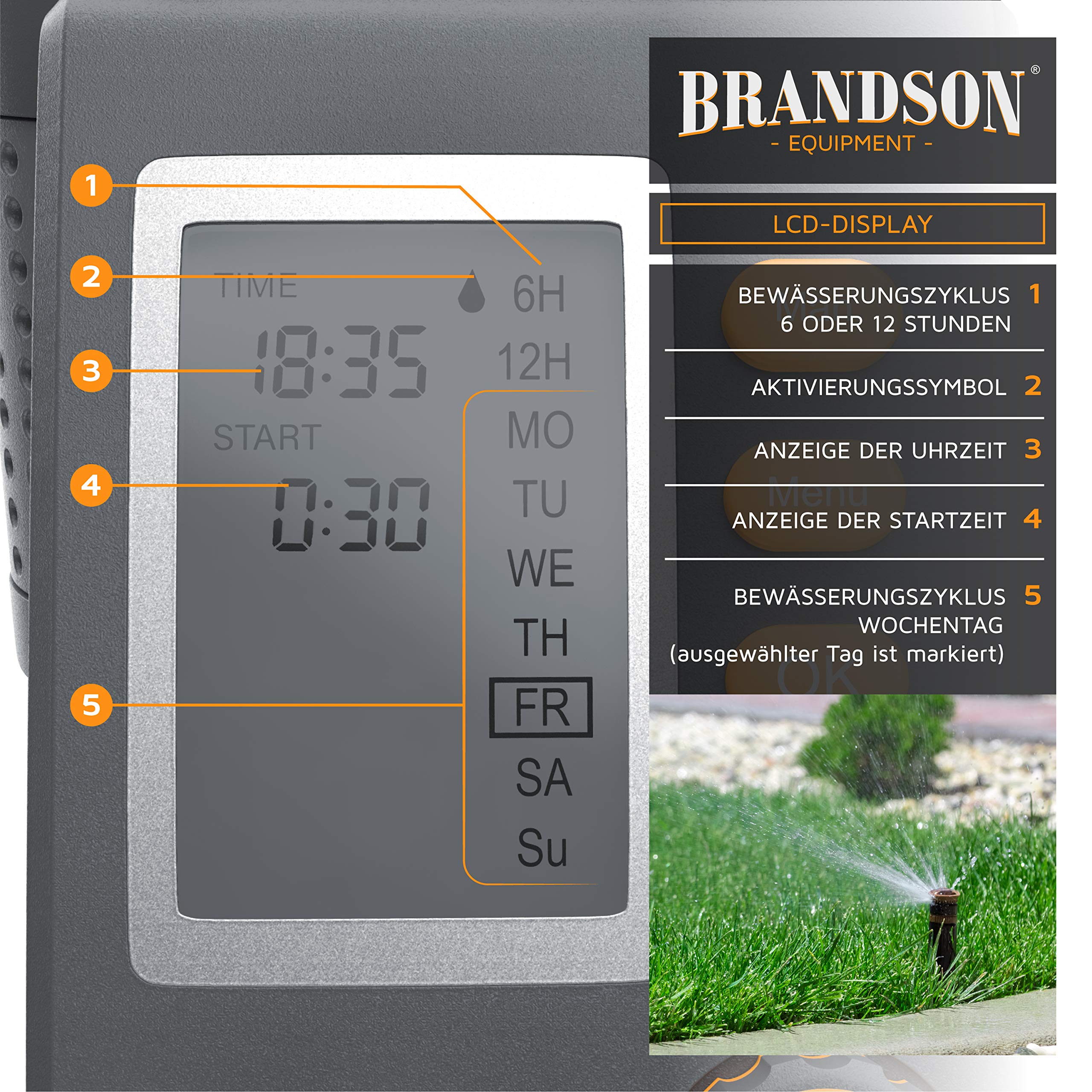 Brandson - digitaler Bewässerungscomputer mit Display - Wasserzeitschaltuhr - Bewässerungssteuerung - Bewässerungssystem – Bewässerungsprogramm 1 – 240 Minuten – Bewässerung 6h / 12h / tageweise