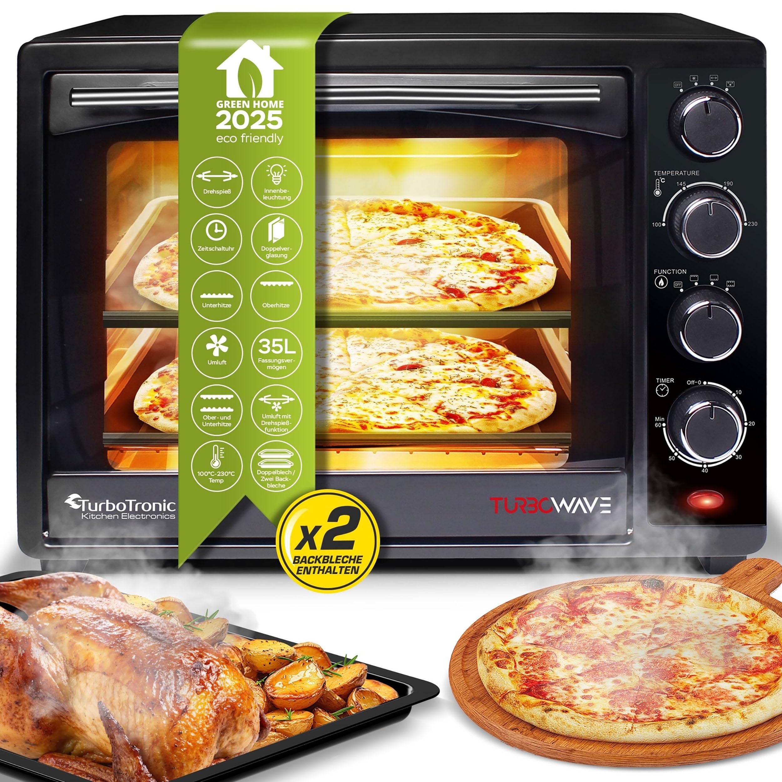 TurboTronic EV35 Electric Mini Oven 35L - Double Glazed Compact Table Top Oven with Timer for Baking, Grilling, Rotisserie, Pizza, Toast and Reheating - Comes with Rotisserie Skewer, Baking Trays