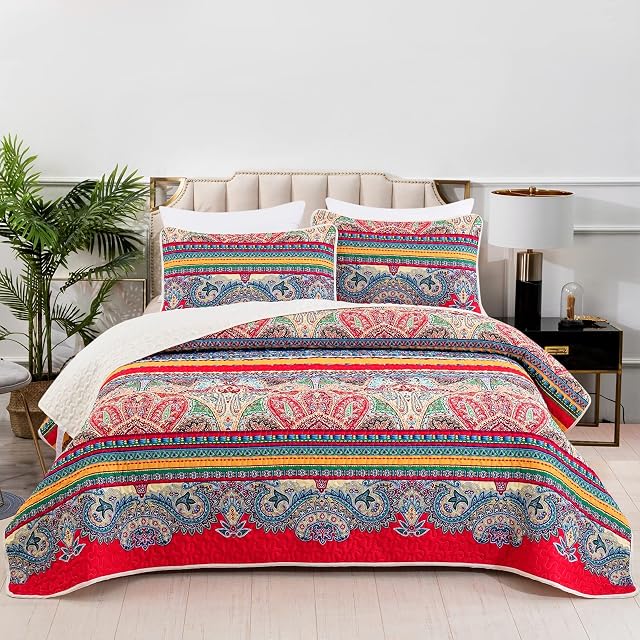 Lunoroey Quilted Bedspreads Bohemian Bedapread King Size Coverlet Red Floral Patchwork Quilt Bed Throws with 2 Pillowcases for All Seasons