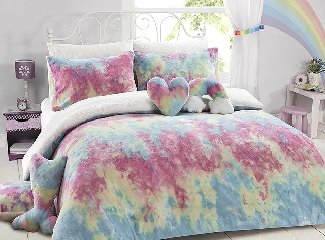 LIZZIE JACOBS Rainbow Tie Dye Pattern Teddy Bear Fleece Super Soft Warm Cosy Kids and Adults Duvet Cover Sets Quilt Covers Bedding Sets (Single Duvet Set)