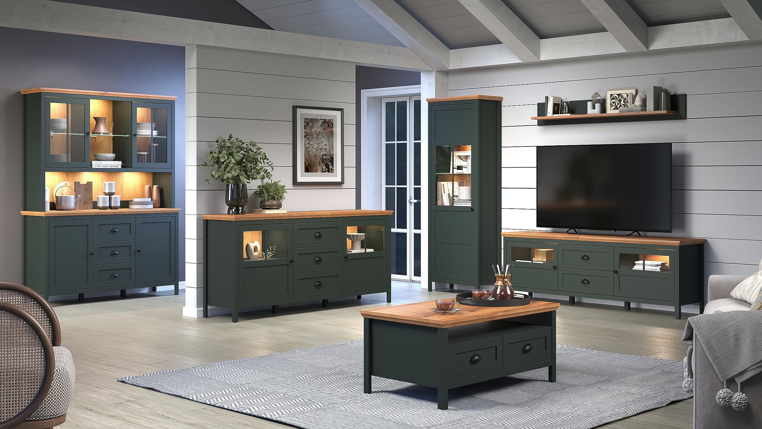 trendteam smart living - Stanton - Buffetschrank - Tannengrün/Evoke Eiche - Vitrine inklusive Beleuchtung mit 4 Türen, 3 Schubladen (BxHxT) 146 x 198 x 45 cm - Landhausstil