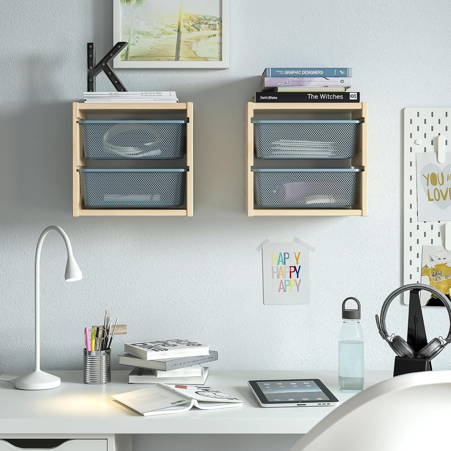 TROFAST wall storage, 32x21x30 cm, light white stained pine/grey-blue