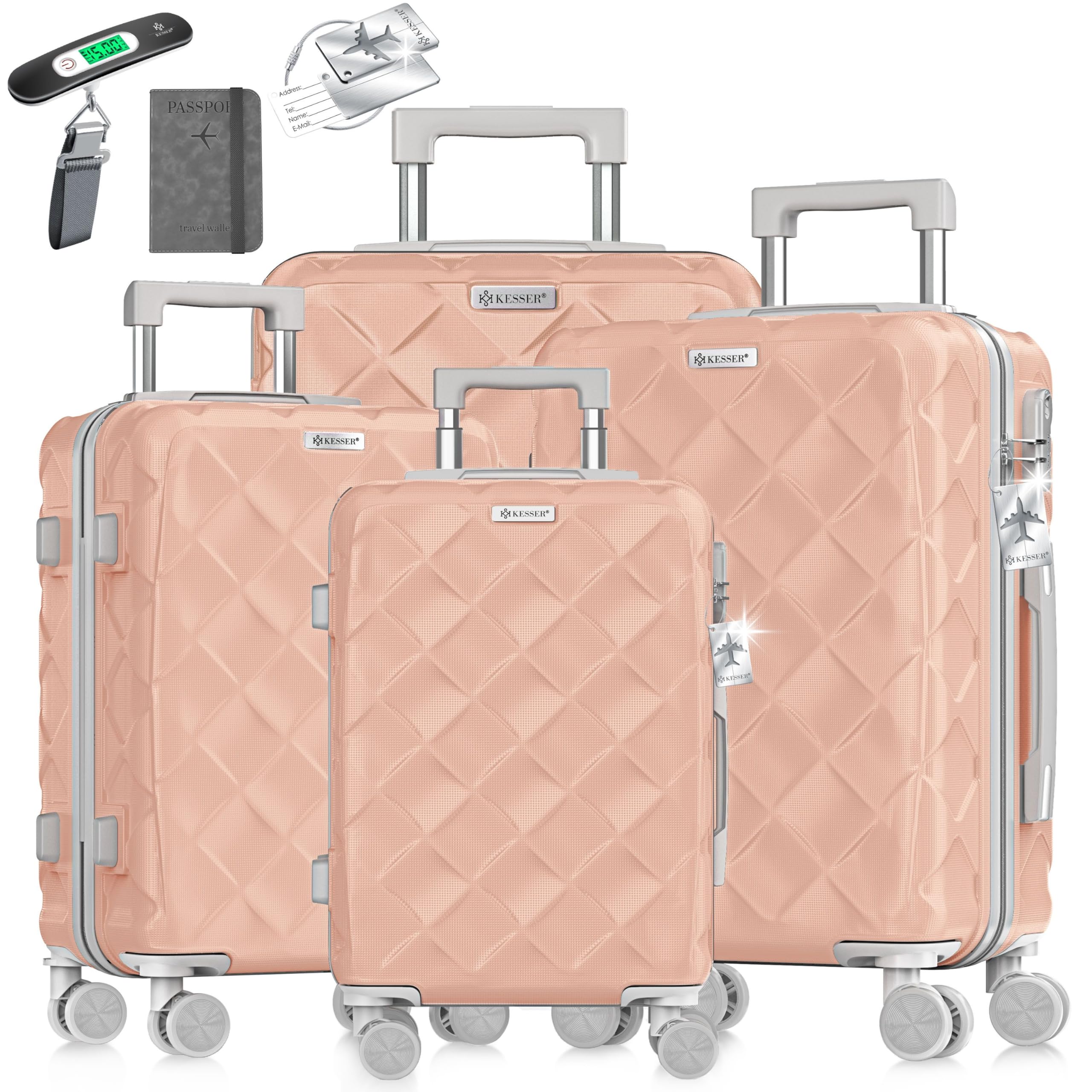 KESSER® Reisekoffer Set 4-teilig | Kofferset ABS Hartschalenkoffer mit Zahlenschloss, Kofferwaage & Reisebrieftasche 360° Rollen | Handgepäck & große Koffer für Business & Reise Trolley Nude Grey