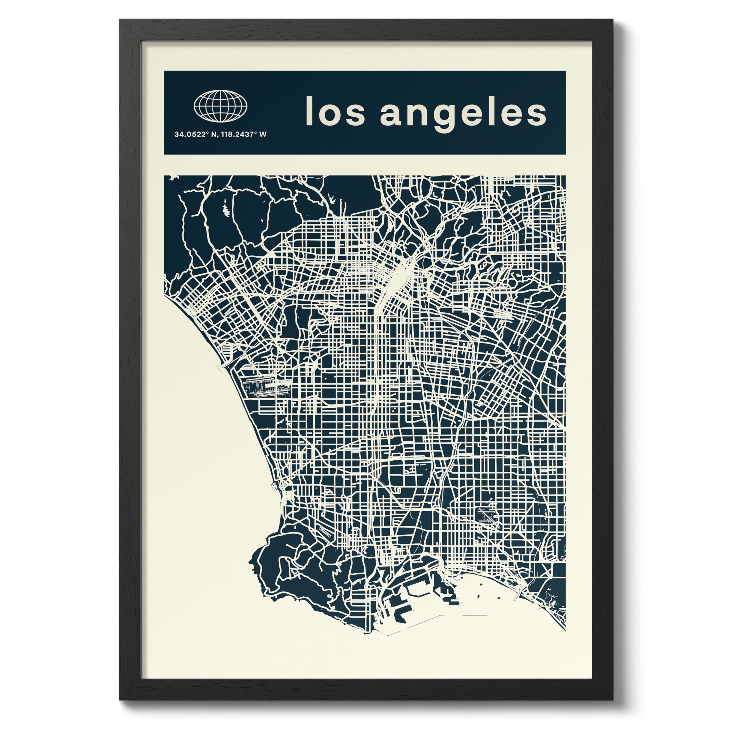 Los Angeles Minimalist City Maps Poster, City Coordinates Print, Landmark Apartment Home Decor, 50x70cm (Black Frame) - 53x73cm