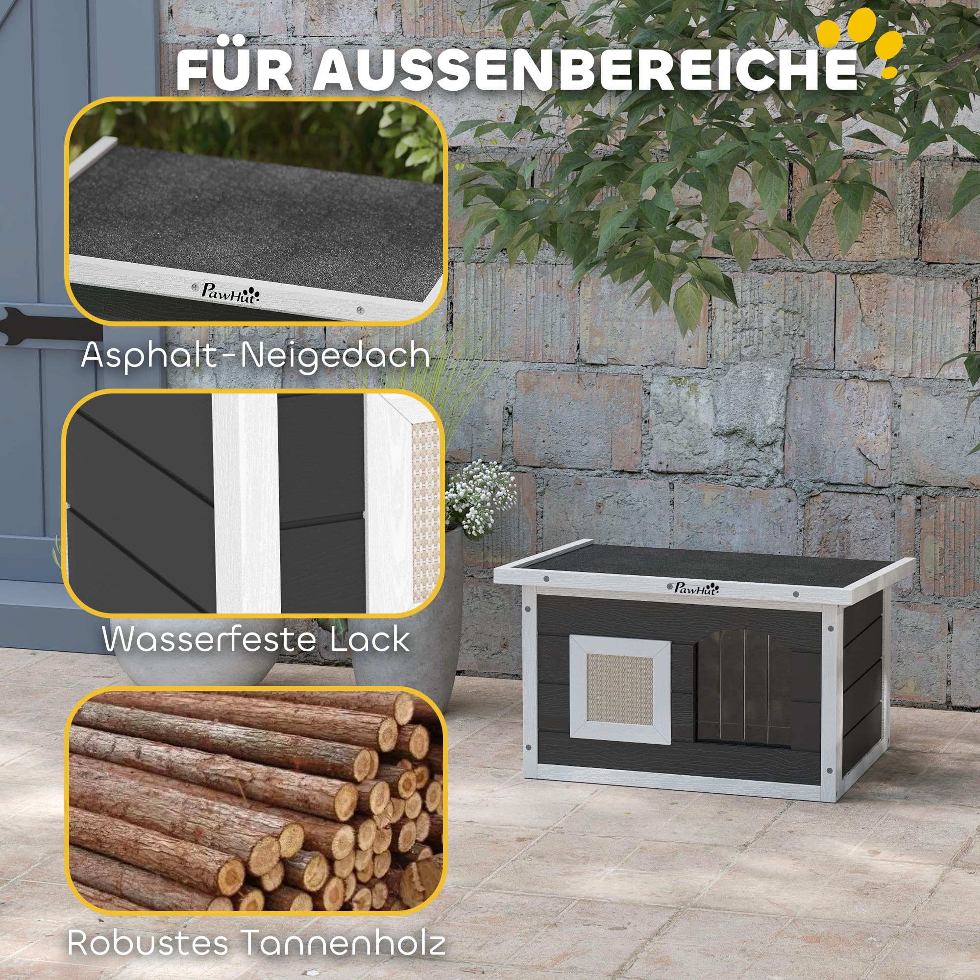 PawHut Casetta per gatti in legno, impermeabile, con tetto pieghevole per asfalto, tappetino estraibile, per gatti, per esterni, giardino, 61 x 45 x 36,5 cm, grigio